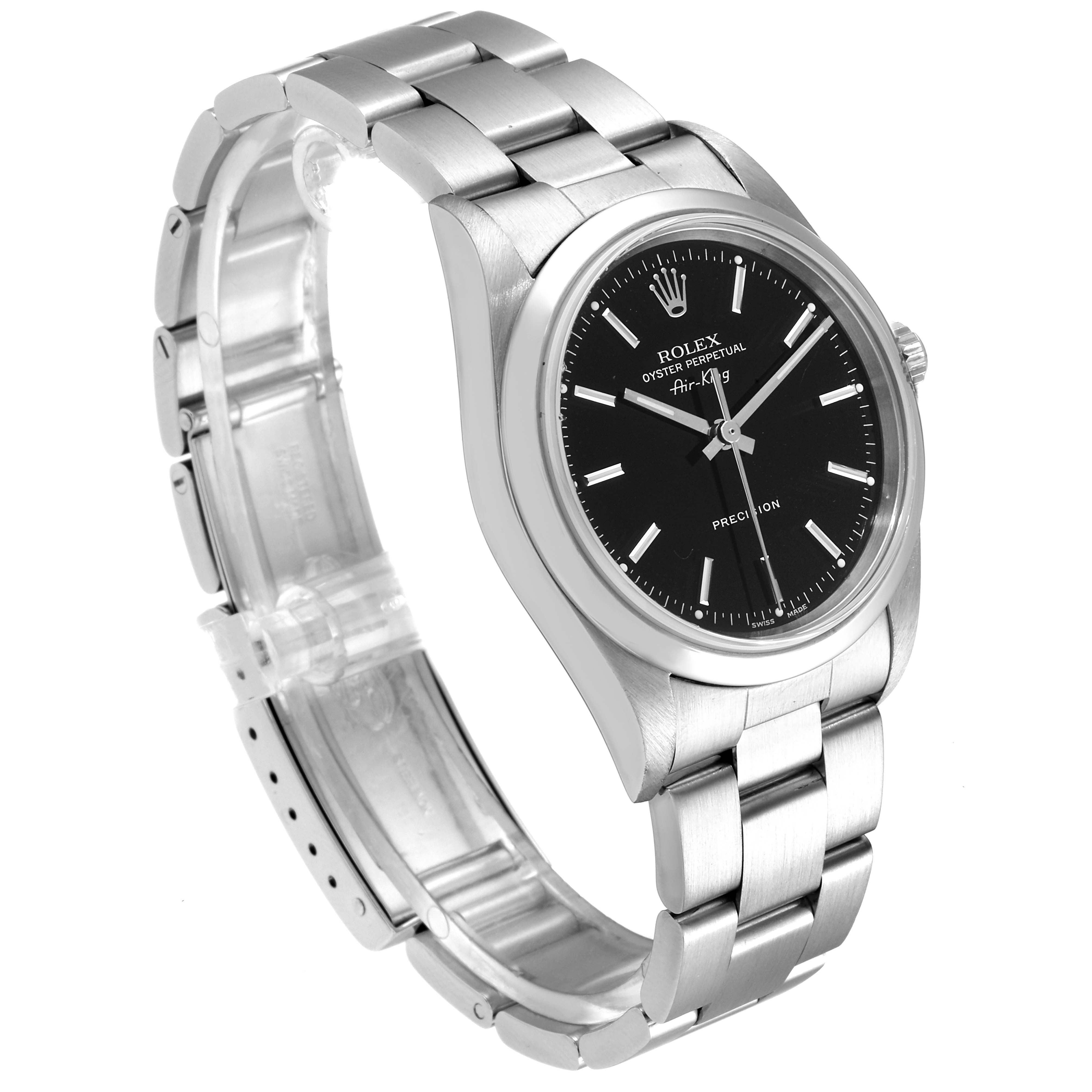 The image shows a side-angle view of a Rolex Air-King 14000 Men's Stainless Steel Black Dial 14000 Men's Stainless Steel Black Dial watch, highlighting the bracelet, case, and black dial.