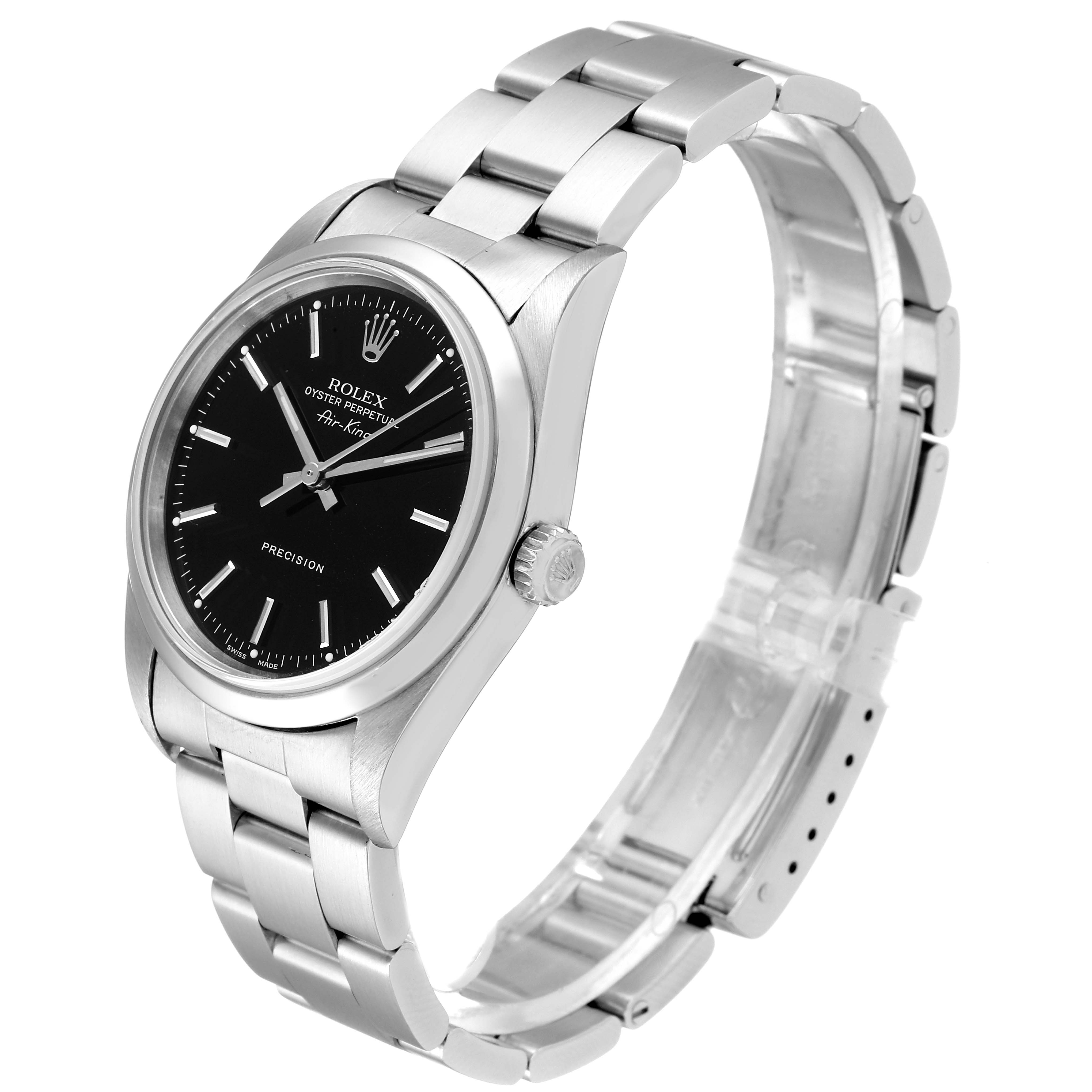 The Rolex Air-King 14000 Men's Stainless Steel Black Dial 14000 Men's Stainless Steel Black Dial watch is shown at a slight angle from the front, displaying the face, bezel, crown, and part of the bracelet.