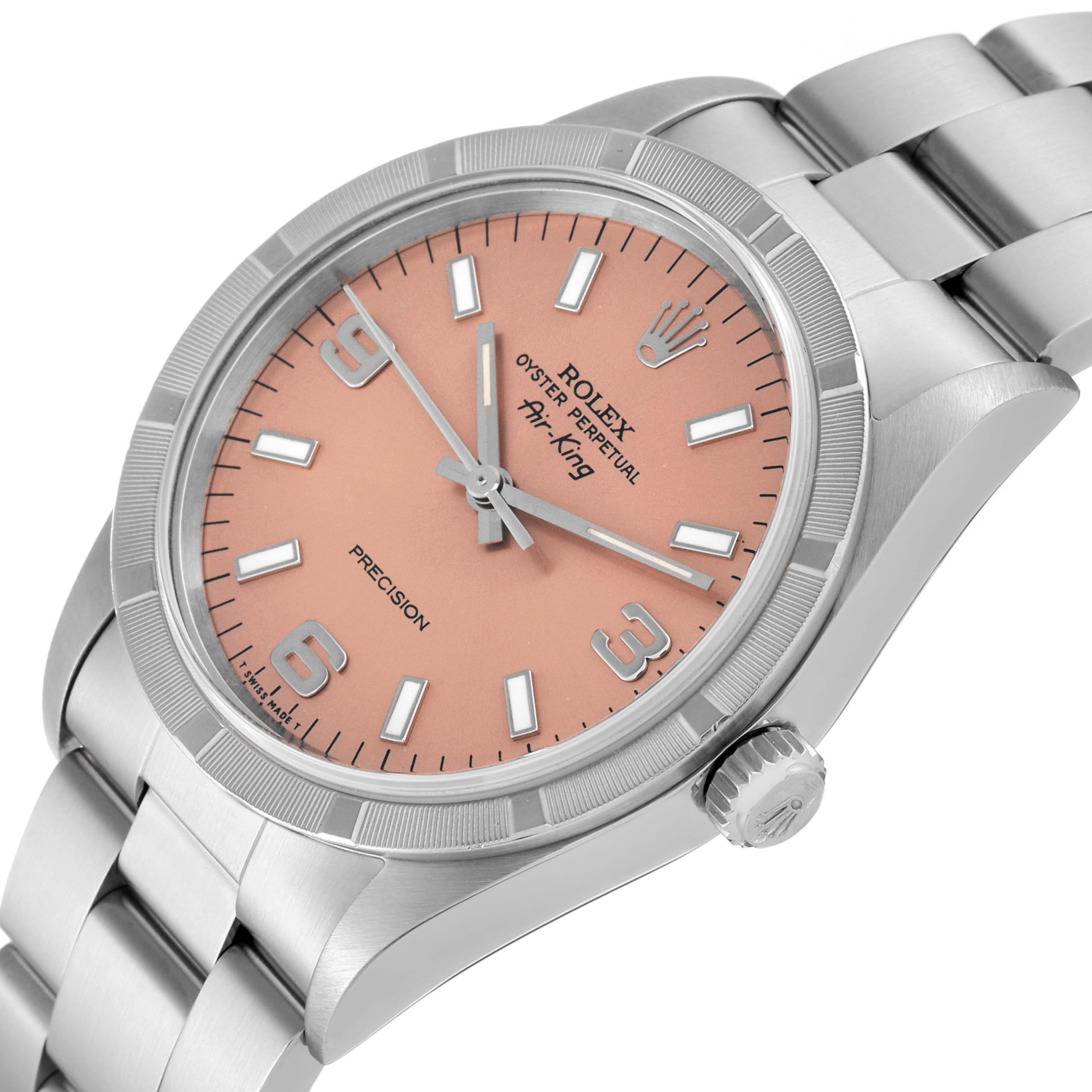 The image shows a Rolex Air-King 14010 Men's Stainless Steel Pink Dial 14010 Men's Stainless Steel Pink Dial watch at a three-quarters angle, highlighting its dial, case, and bracelet.
