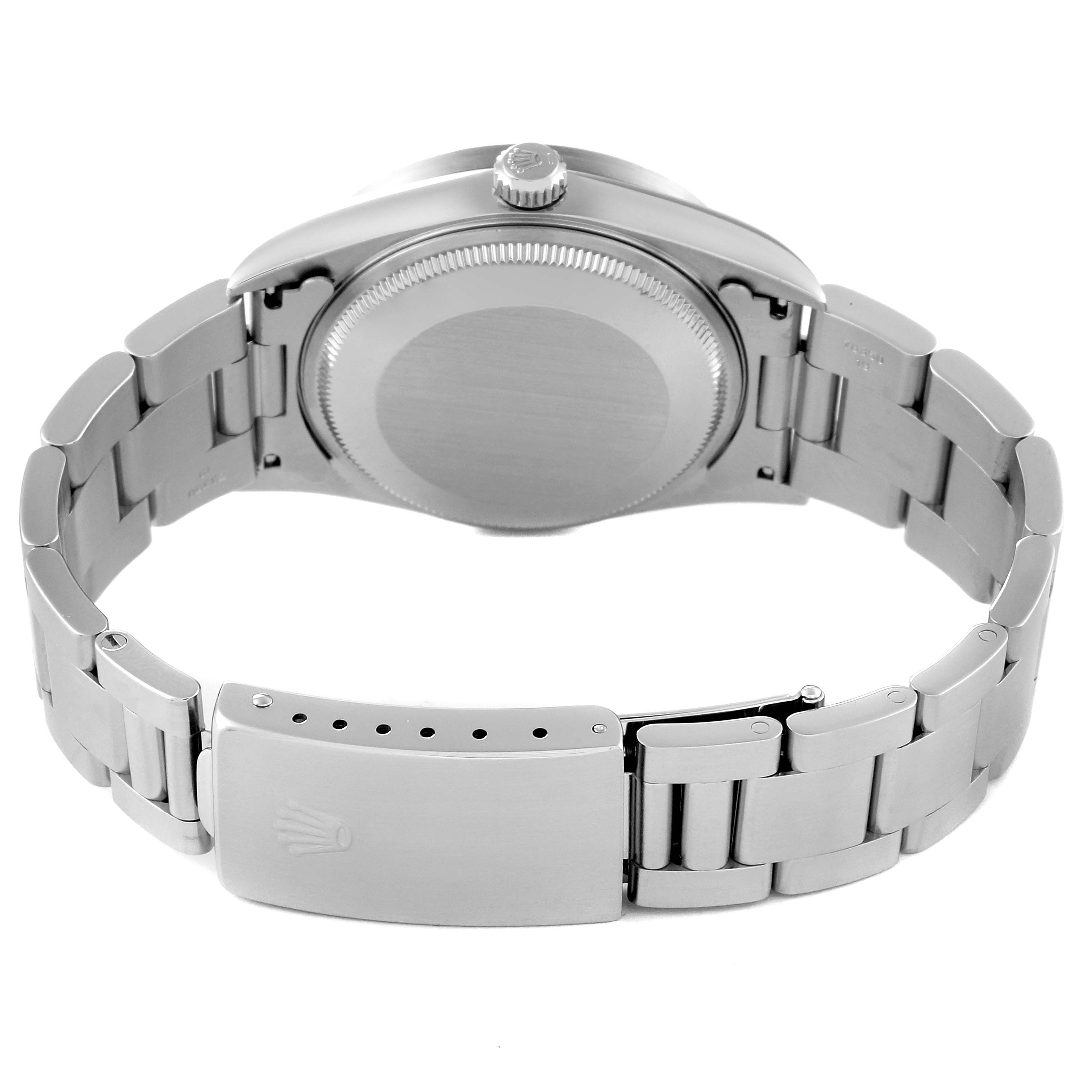 This image shows the back case and clasp of a Rolex Air-King 14010 Men's Stainless Steel Pink Dial 14010 Men's Stainless Steel Pink Dial watch from a rear angle.