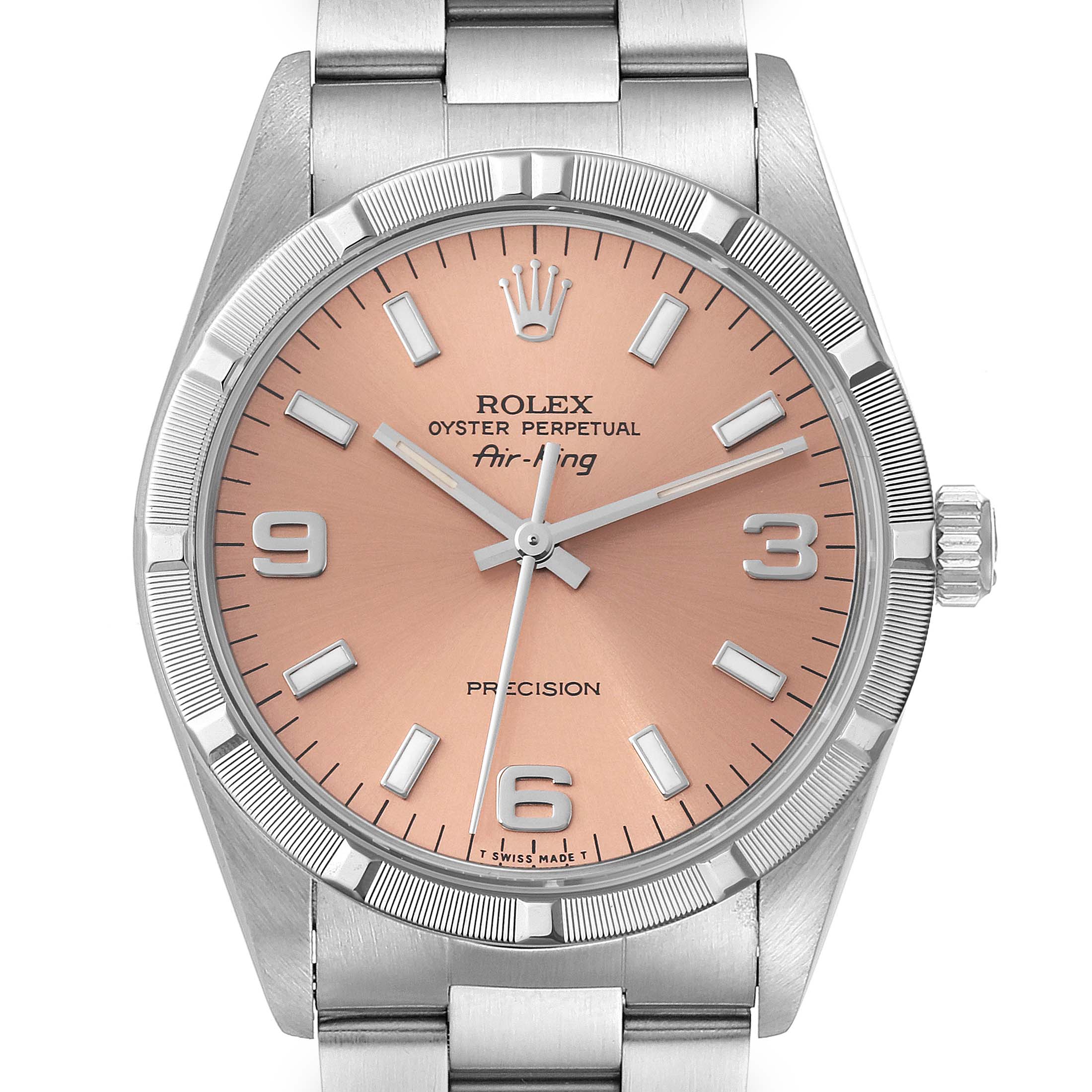 The image shows a front view of a Rolex Air-King 14010 Men's Stainless Steel Pink Dial 14010 Men's Stainless Steel Pink Dial watch with a silver band and a pink dial.