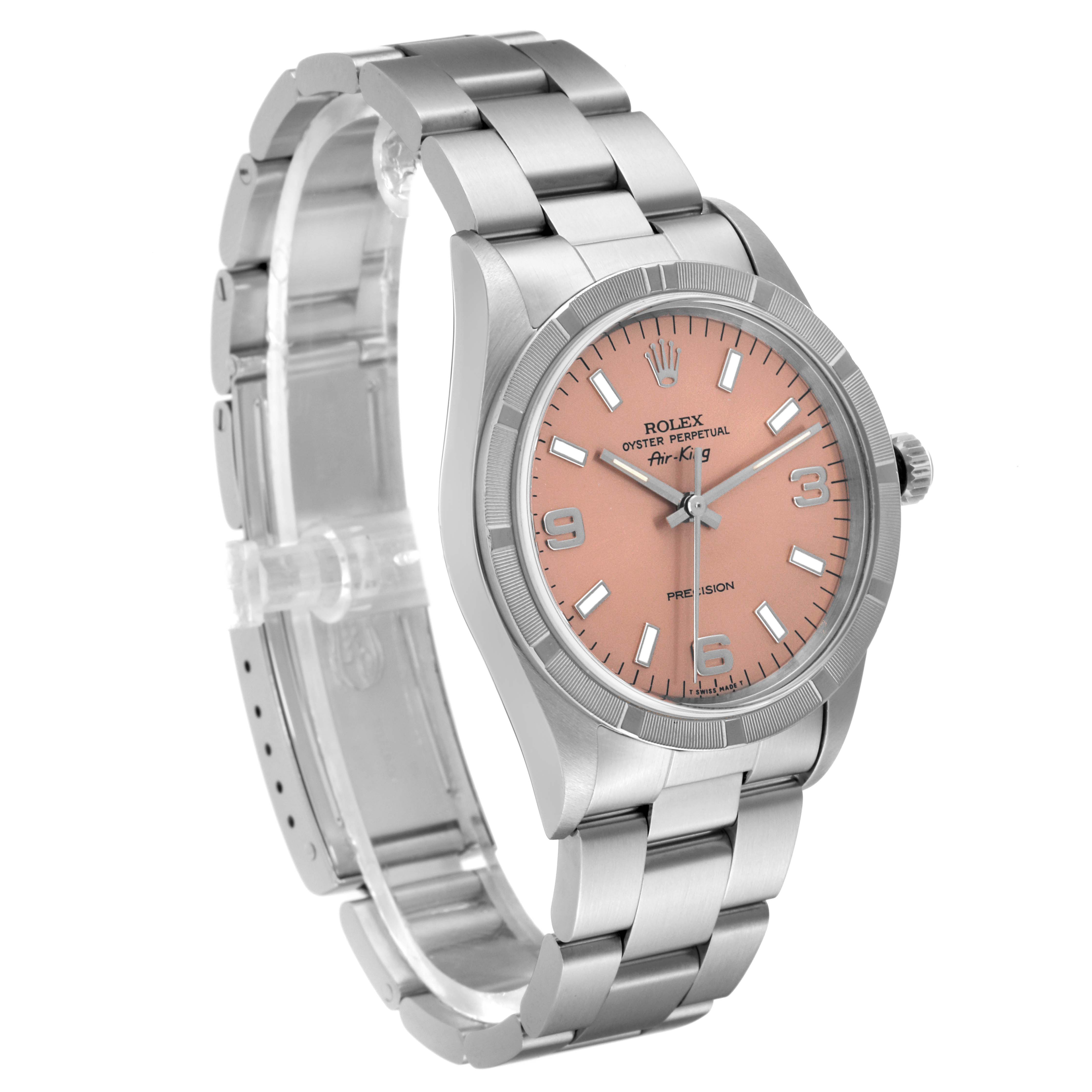 The Rolex Air-King 14010 Men's Stainless Steel Pink Dial 14010 Men's Stainless Steel Pink Dial watch is shown at an angle displaying its face, bezel, crown, and bracelet.