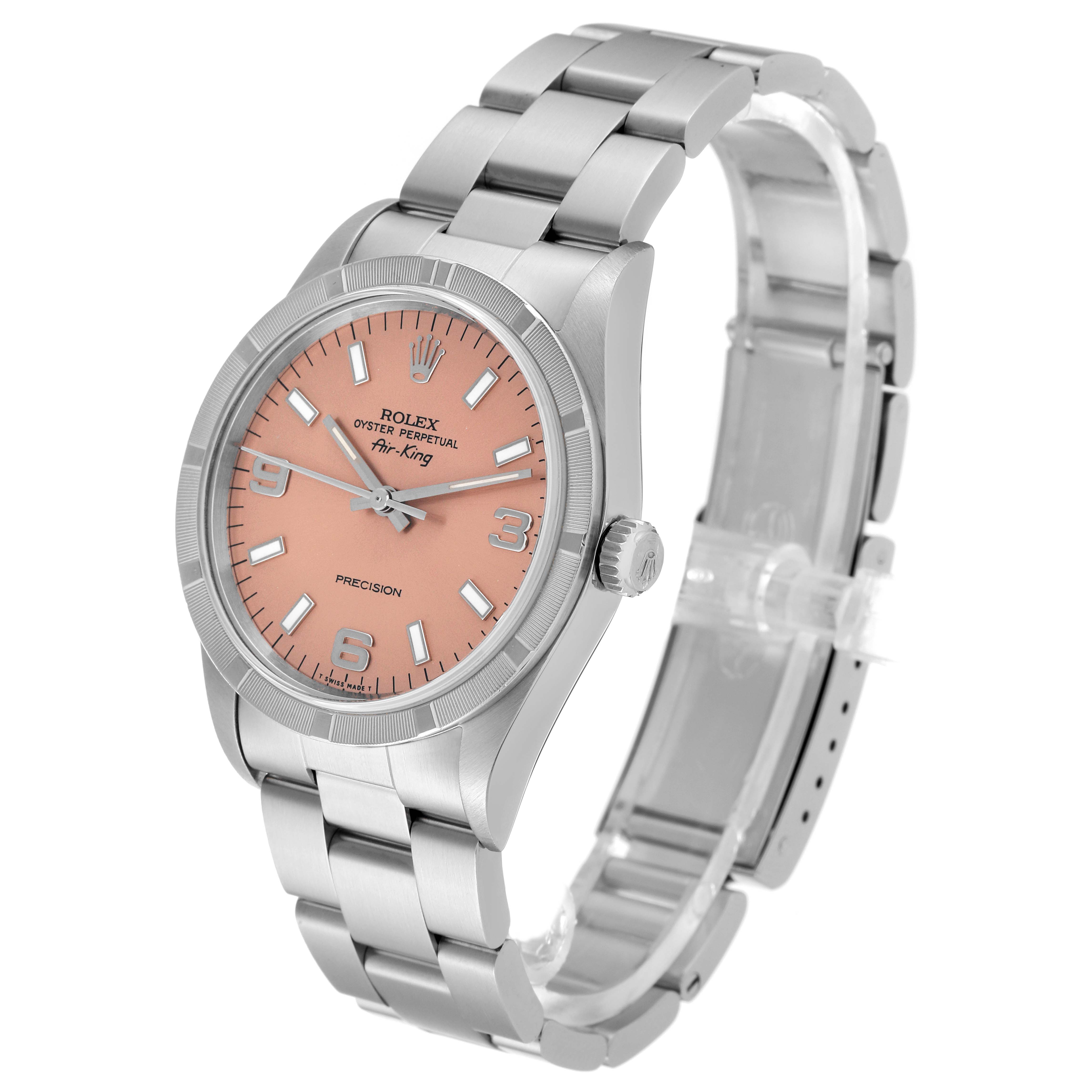 The image shows a Rolex Air-King 14010 Men's Stainless Steel Pink Dial 14010 Men's Stainless Steel Pink Dial watch at a slight side angle, featuring its bracelet, crown, and salmon-colored dial.