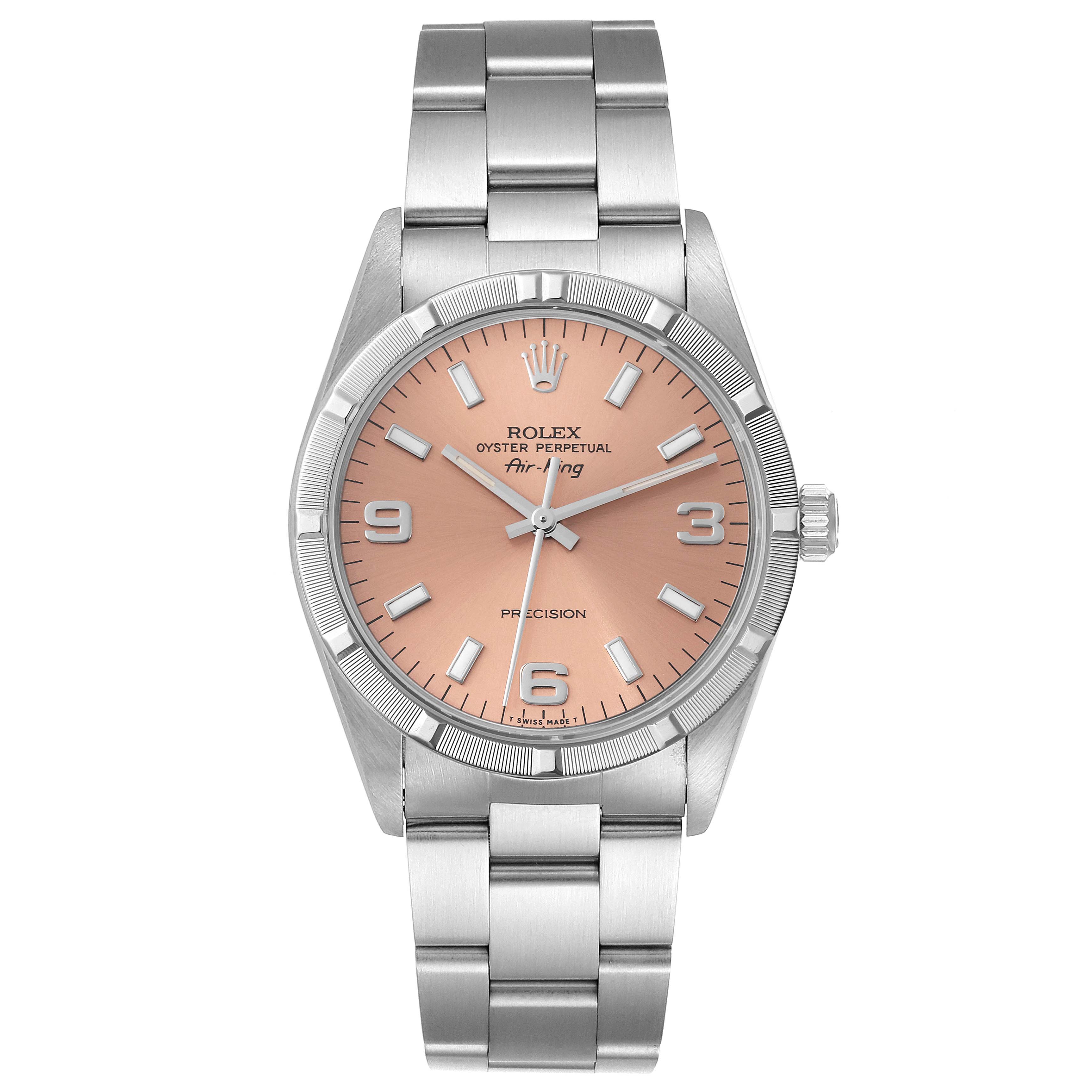 The image shows a frontal view of the Rolex Air-King 14010 Men's Stainless Steel Pink Dial 14010 Men's Stainless Steel Pink Dial, displaying the dial, casing, and bracelet.