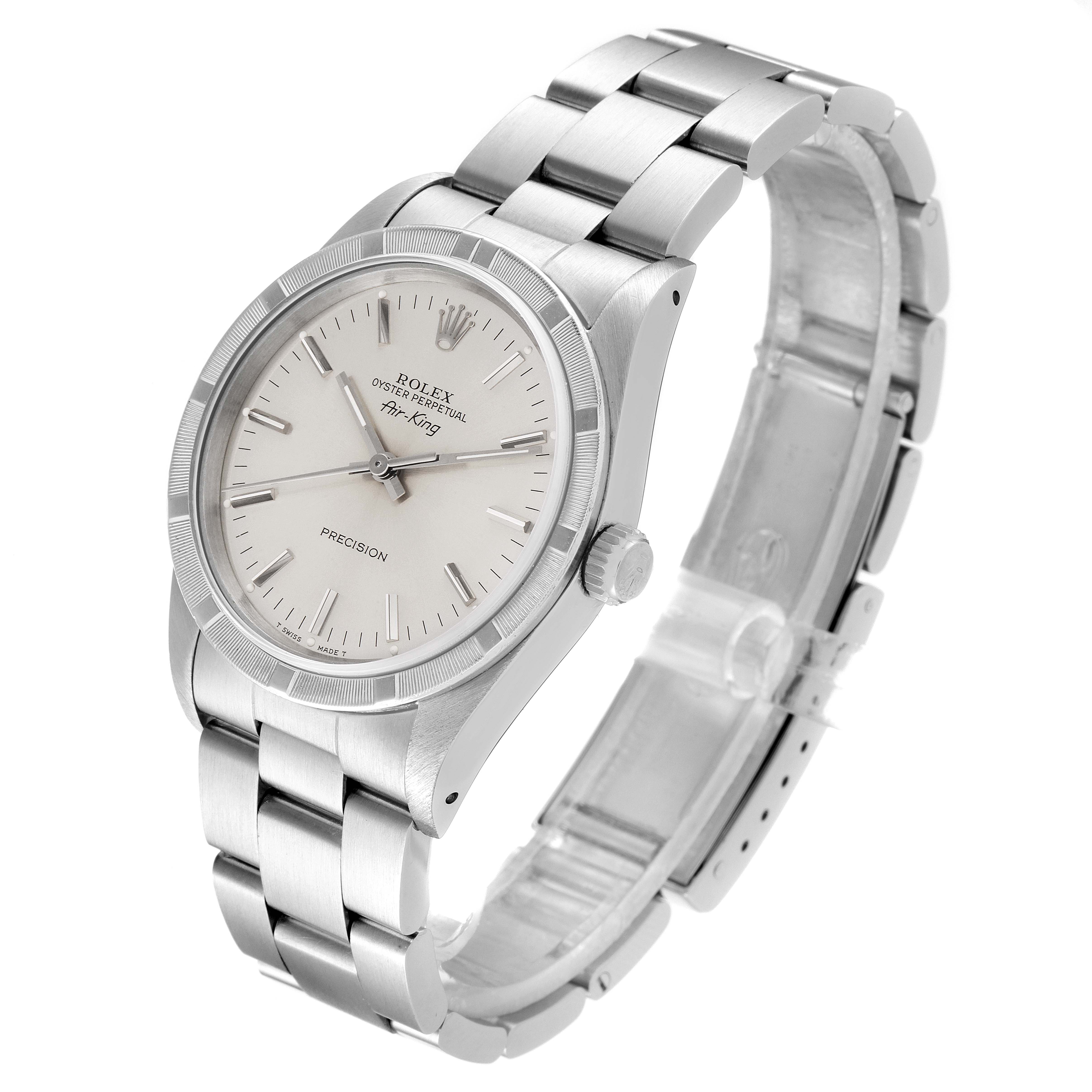 The image shows a Rolex Air-King 14010 Men's Stainless Steel Silver Dial 14010 Men's Stainless Steel Silver Dial model watch from a slight angle, displaying the face, bezel, crown, and band.