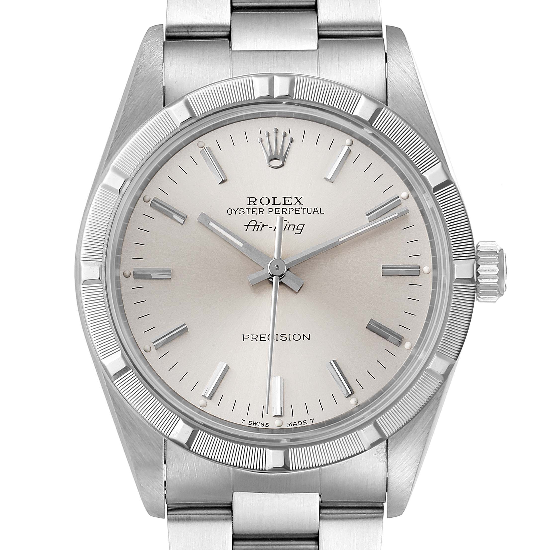 The image shows a front view of the Rolex Air-King 14010 Men's Stainless Steel Silver Dial 14010 Men's Stainless Steel Silver Dial watch, displaying the dial, bezel, and bracelet.