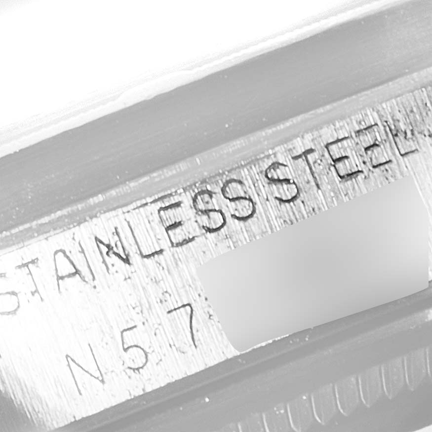 The image shows a close-up angle of the stainless steel engraving on the Rolex Air-King 14010 Men's Stainless Steel Silver Dial 14010 Men's Stainless Steel Silver Dial watch.
