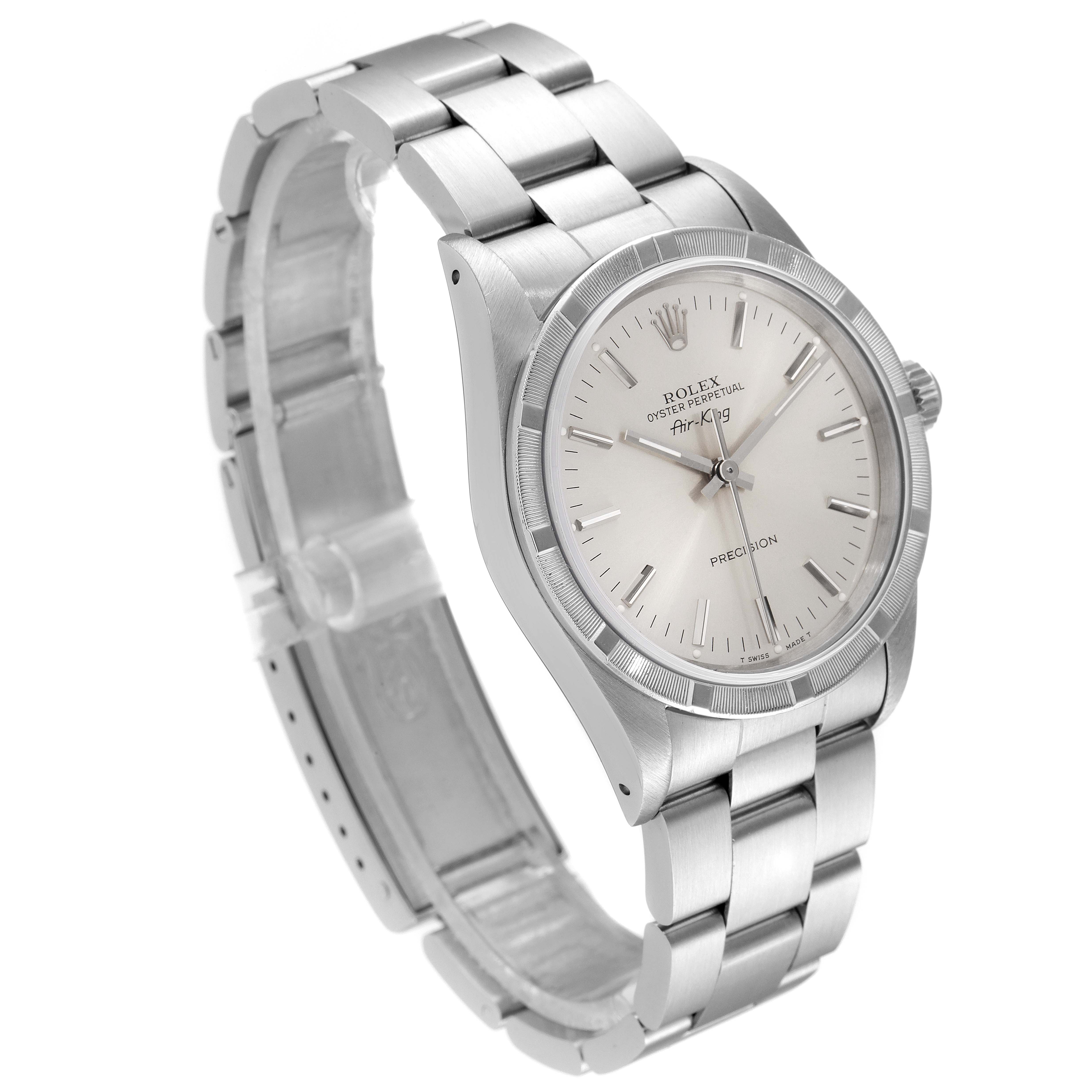 This image shows a Rolex Air-King 14010 Men's Stainless Steel Silver Dial 14010 Men's Stainless Steel Silver Dial watch at a three-quarter angle, highlighting the face, bezel, and bracelet.