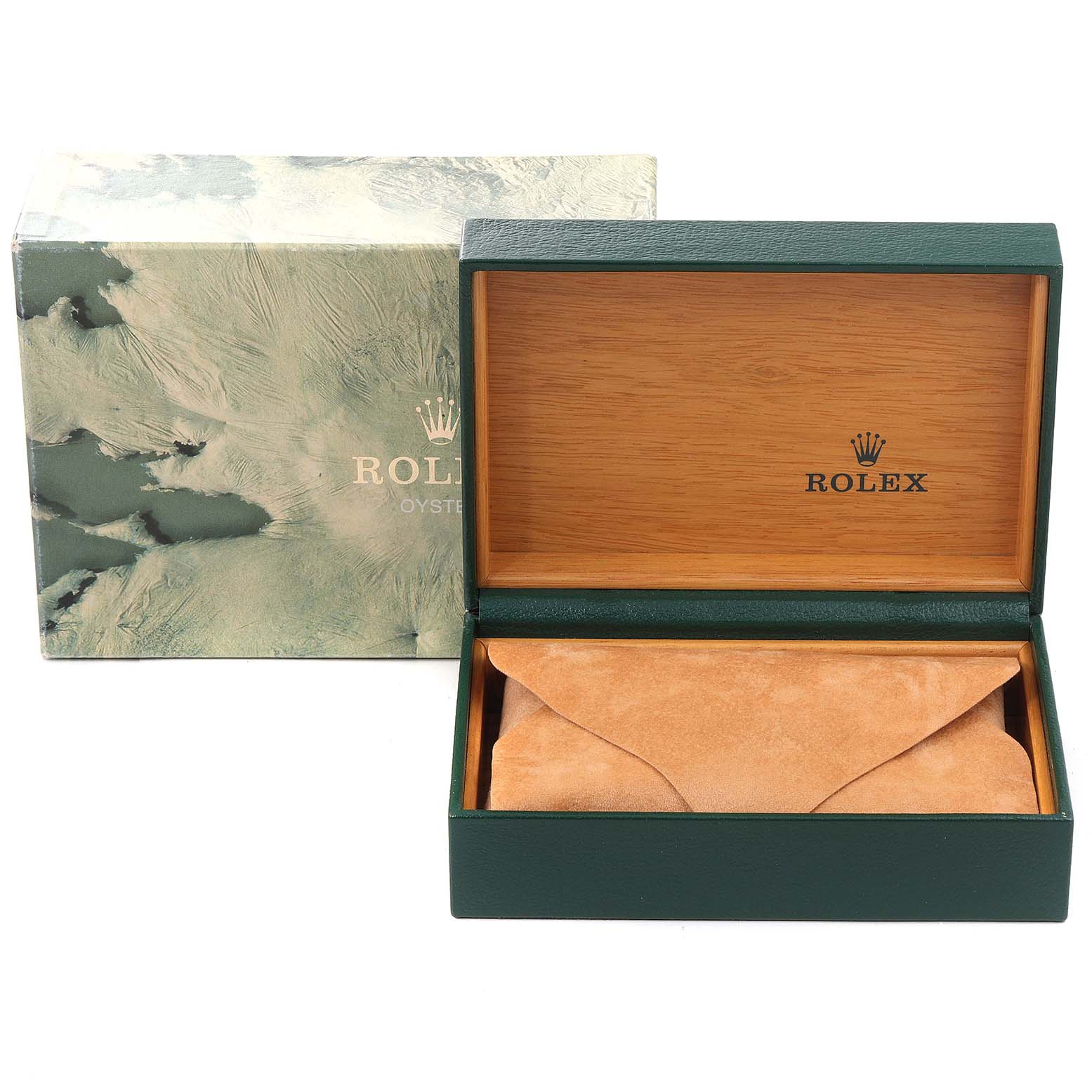 This image shows an open Rolex Air-King 14010 Men's Stainless Steel Silver Dial 14010 Men's Stainless Steel Silver Dial watch box with the lid raised, displaying the interior.