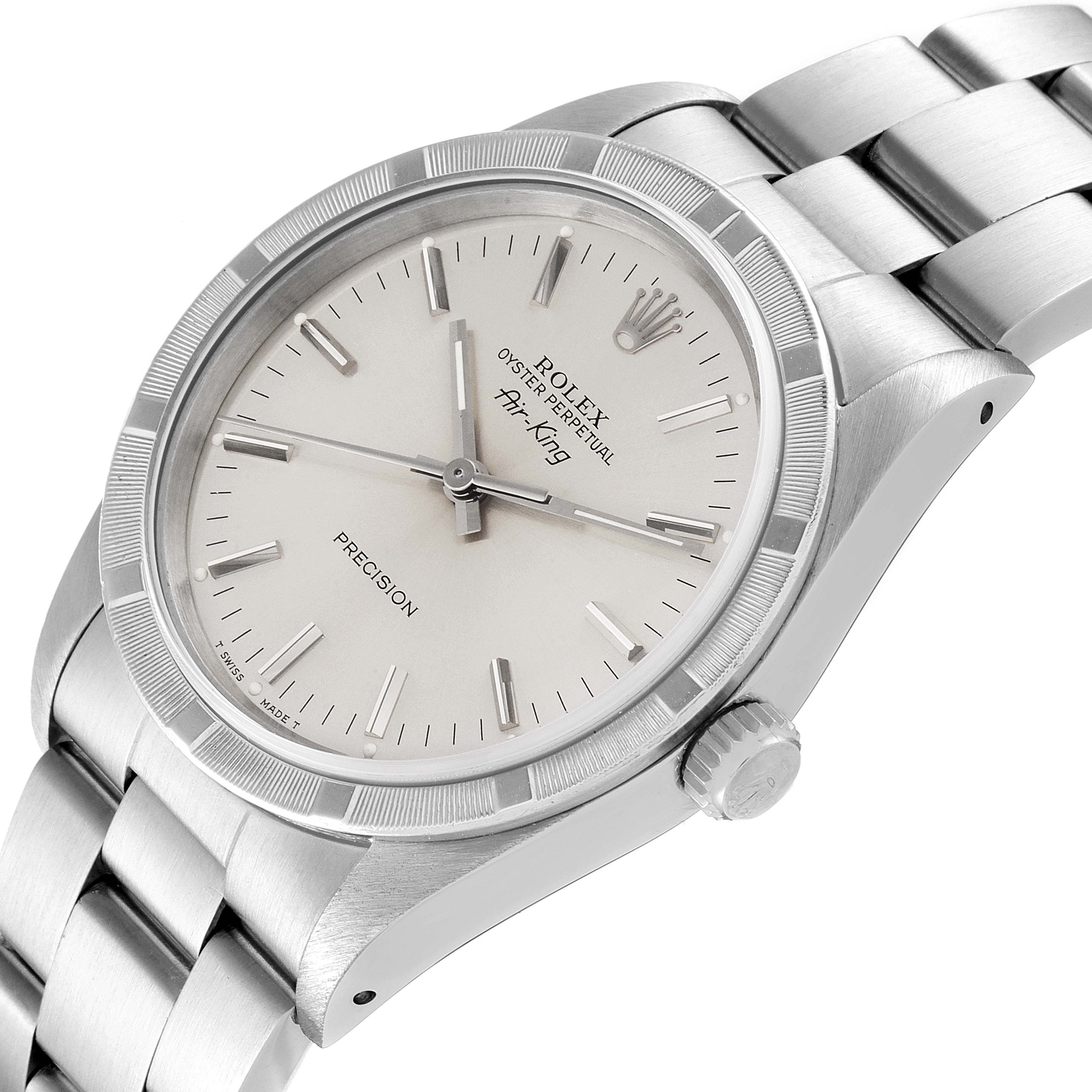 The image shows a Rolex Air-King 14010 Men's Stainless Steel Silver Dial 14010 Men's Stainless Steel Silver Dial watch from an angled top-down perspective, highlighting the dial, bezel, crown, and part of the bracelet.