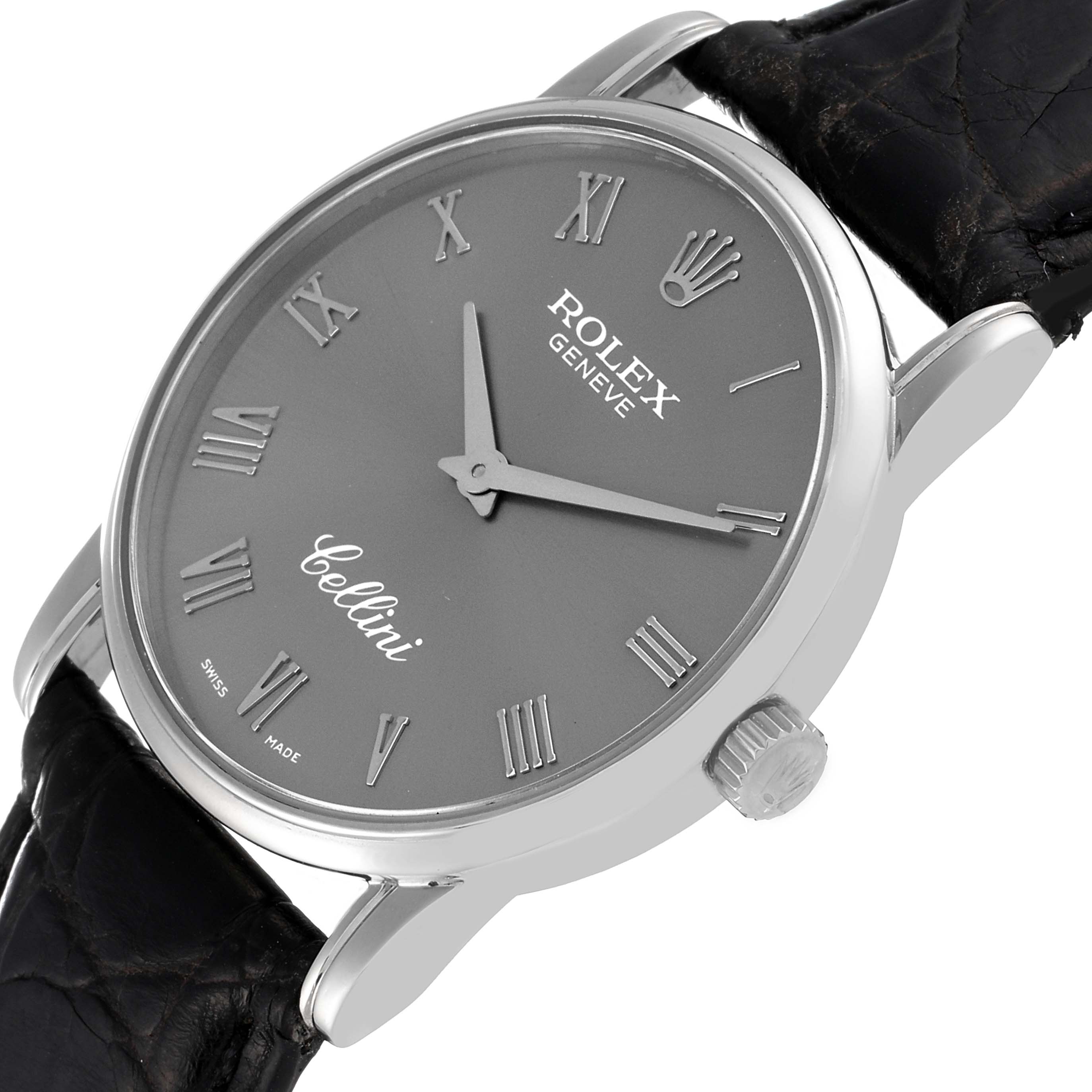 The Rolex Cellini 5116/9 Men's White Gold Grey Dial 5116/9 Men's White Gold Grey Dial watch is shown from a slightly angled front view, displaying the face, crown, and part of the leather strap.