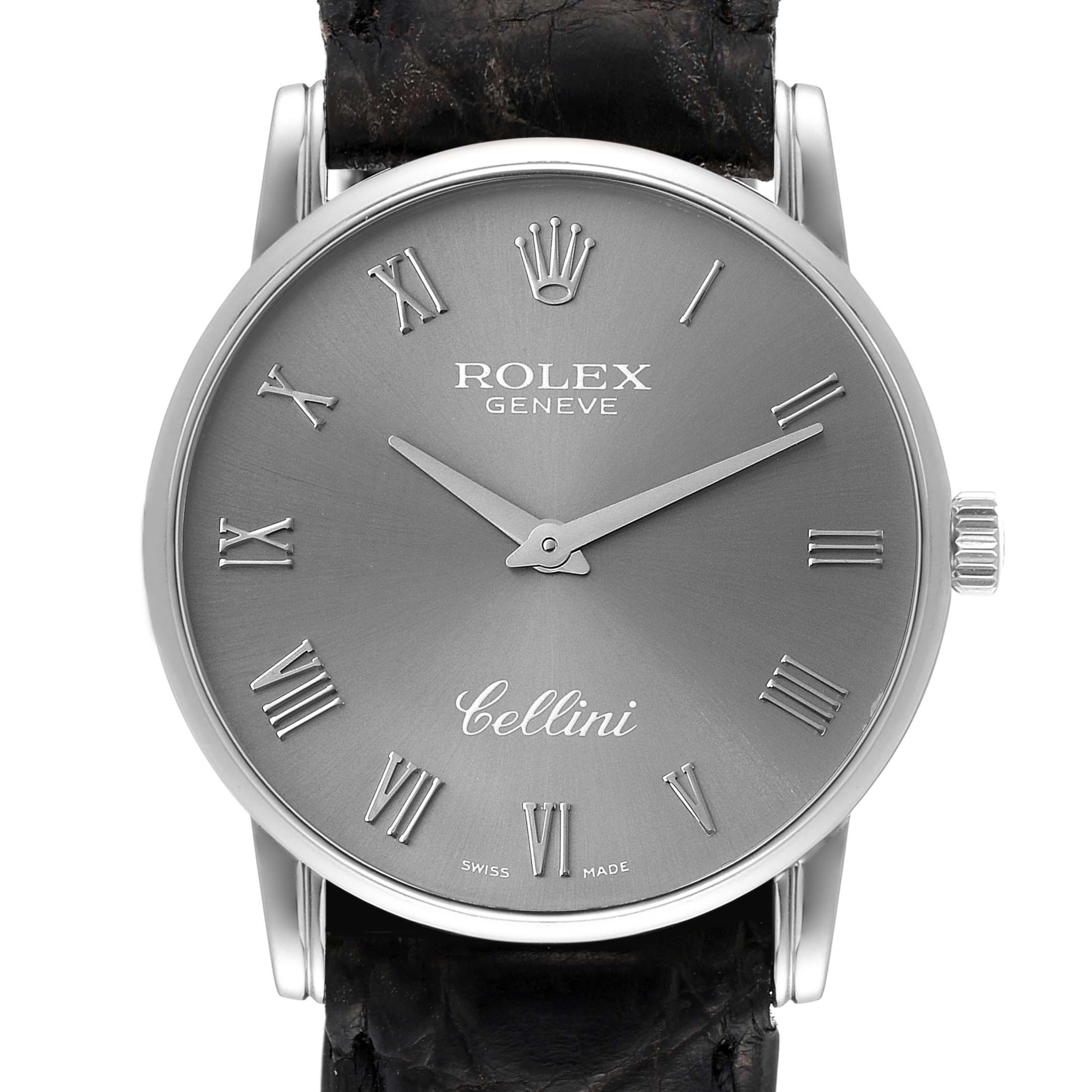 This image shows a front view of a Rolex Cellini 5116/9 Men's White Gold Grey Dial 5116/9 Men's White Gold Grey Dial watch, detailing its gray dial, Roman numerals, and black leather strap.