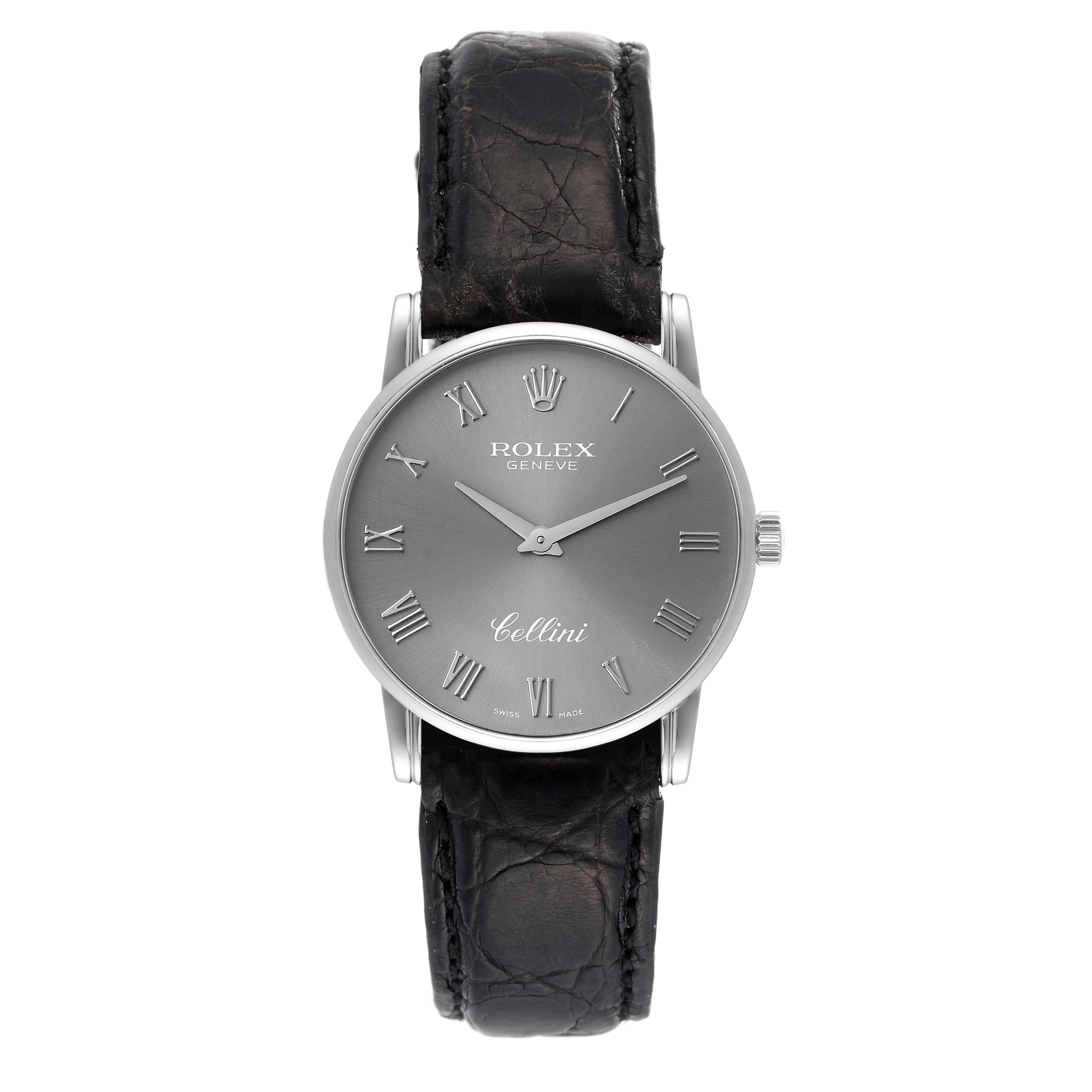 The image shows a front view of a Rolex Cellini 5116/9 Men's White Gold Grey Dial 5116/9 Men's White Gold Grey Dial watch, highlighting the dial, hands, and leather strap.