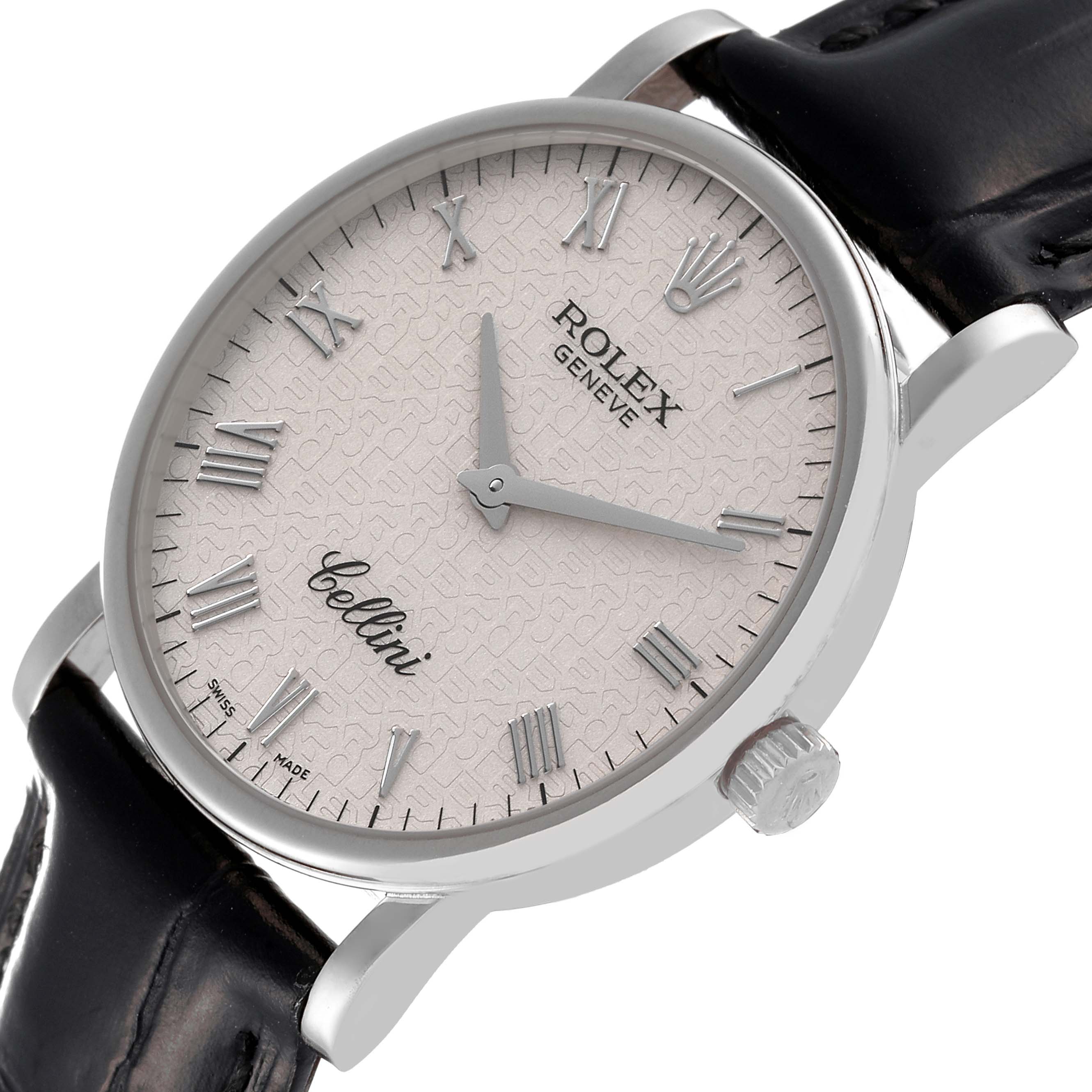 This Rolex Cellini 5115/9 Men's White Gold Beige Dial 5115/9 Men's White Gold Beige Dial watch is shown at an angle showcasing the dial, crown, and part of the leather strap.