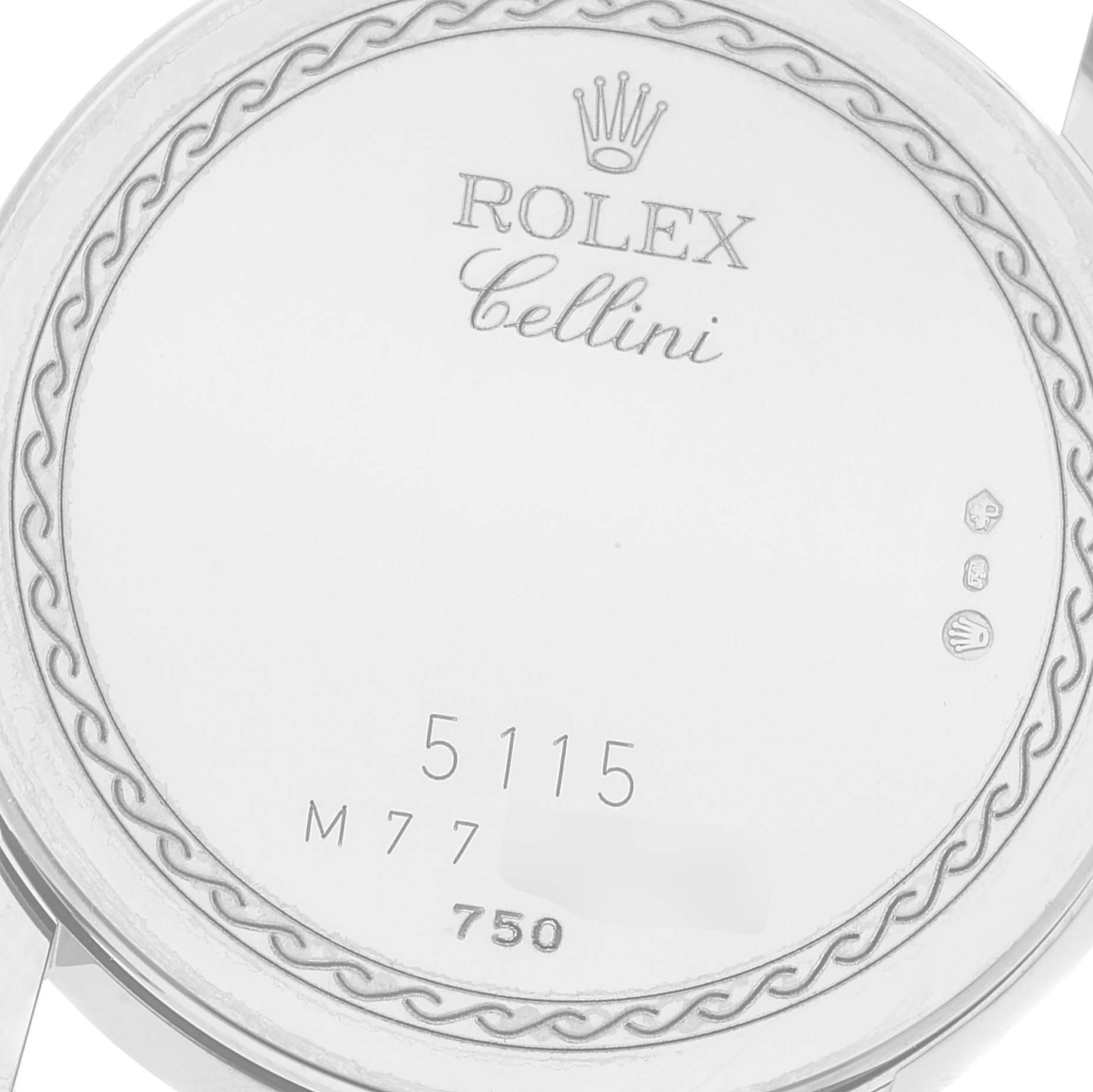 This image shows the back casing of a Rolex Cellini 5115/9 Men's White Gold Beige Dial 5115/9 Men's White Gold Beige Dial model, highlighting serial numbers and branding.