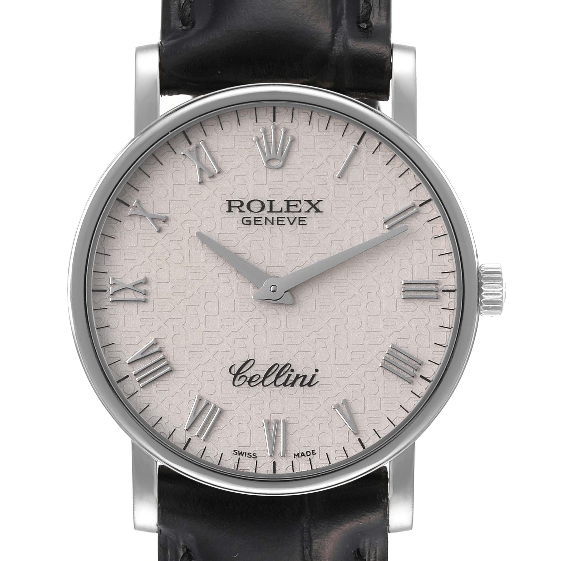 The image shows a frontal view of the Rolex Cellini 5115/9 Men's White Gold Beige Dial 5115/9 Men's White Gold Beige Dial watch, highlighting its dial, hands, crown, and portion of the leather strap.
