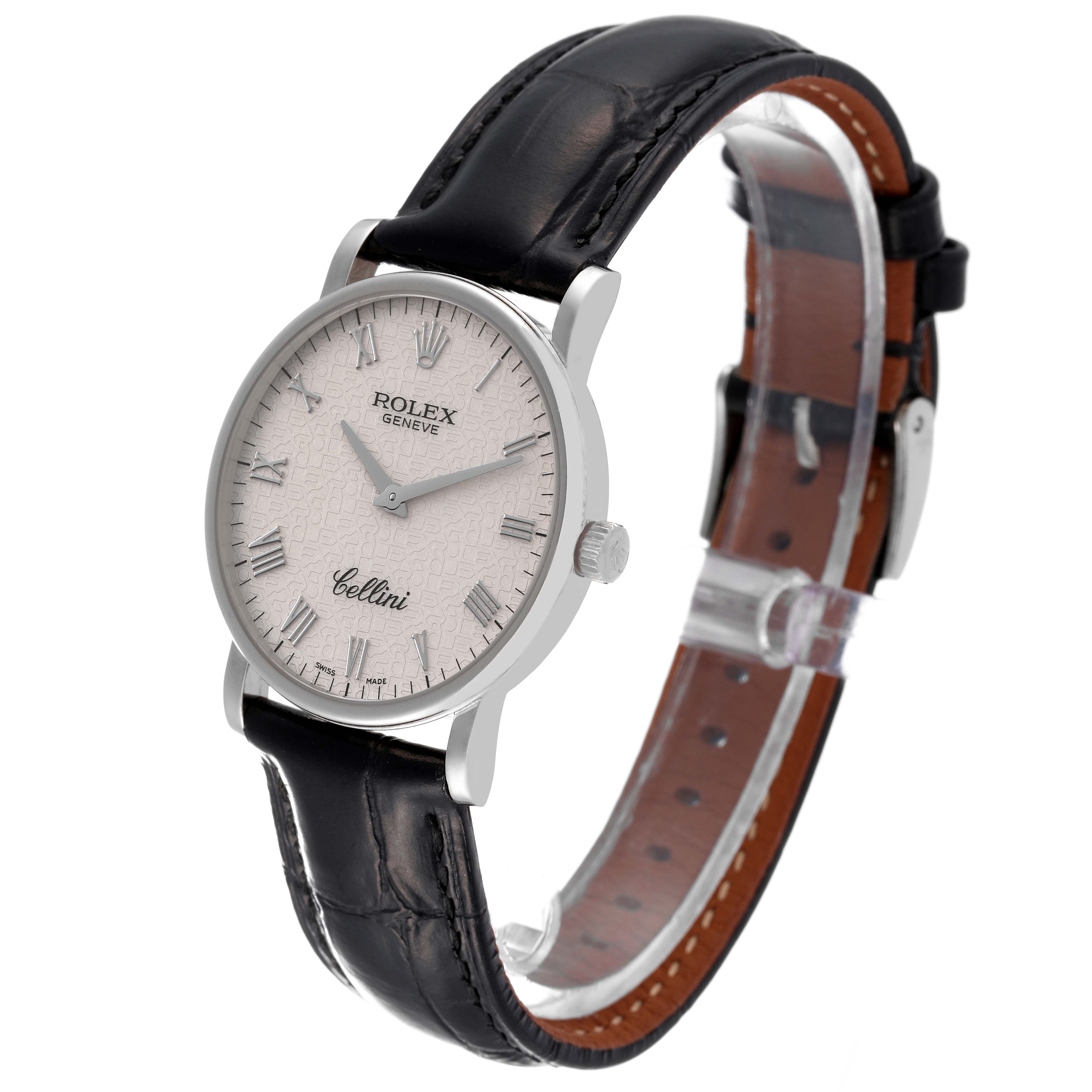 The image shows a Rolex Cellini 5115/9 Men's White Gold Beige Dial 5115/9 Men's White Gold Beige Dial watch at a slight angle, highlighting its dial, hands, crown, and leather strap.