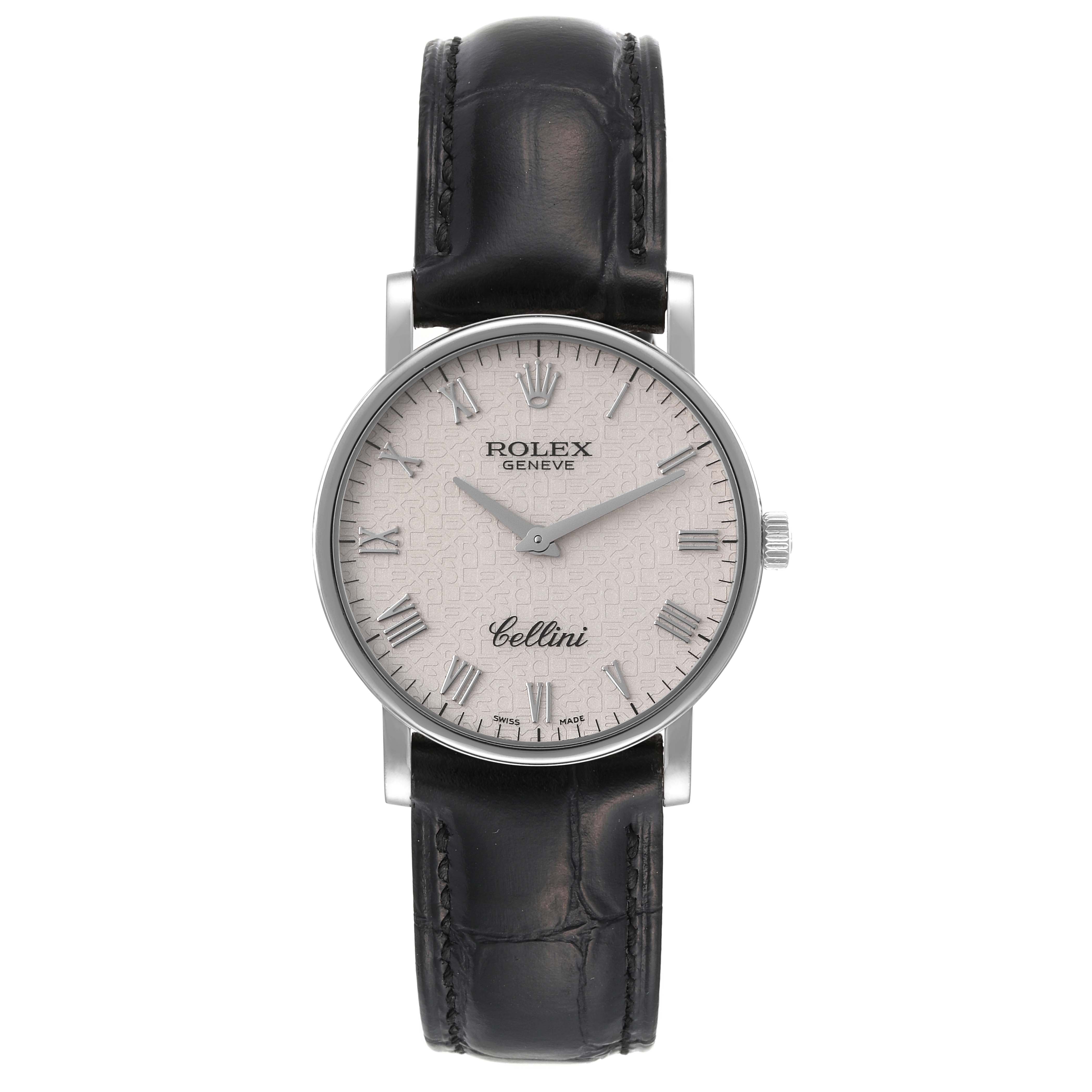 This image shows a front view of a Rolex Cellini 5115/9 Men's White Gold Beige Dial 5115/9 Men's White Gold Beige Dial watch, highlighting its dial, hands, and leather strap.