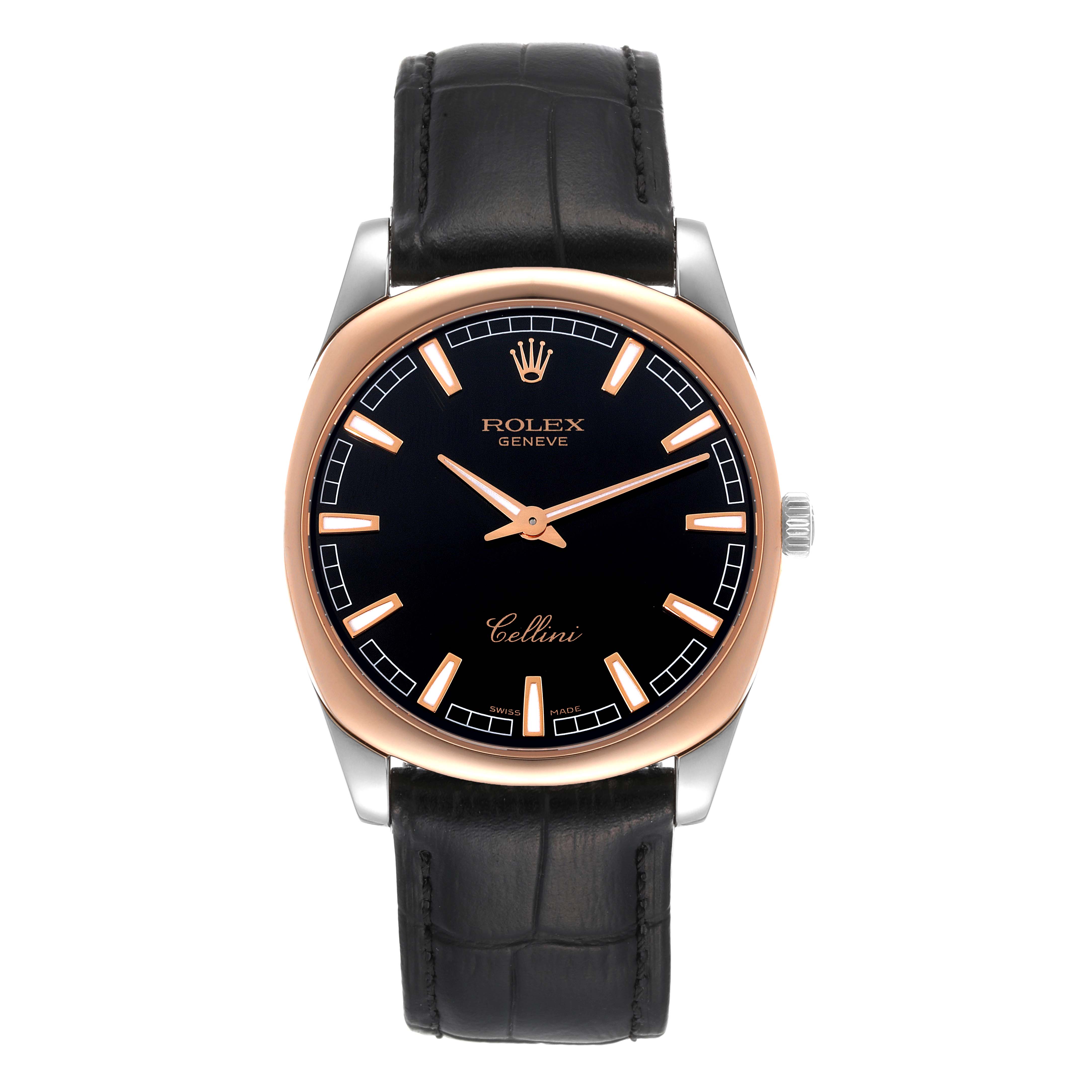 This image shows a front view of a Rolex Cellini 4243 Men's White Gold Black Dial 4243 Men's White Gold Black Dial watch with a black leather strap and a black dial.