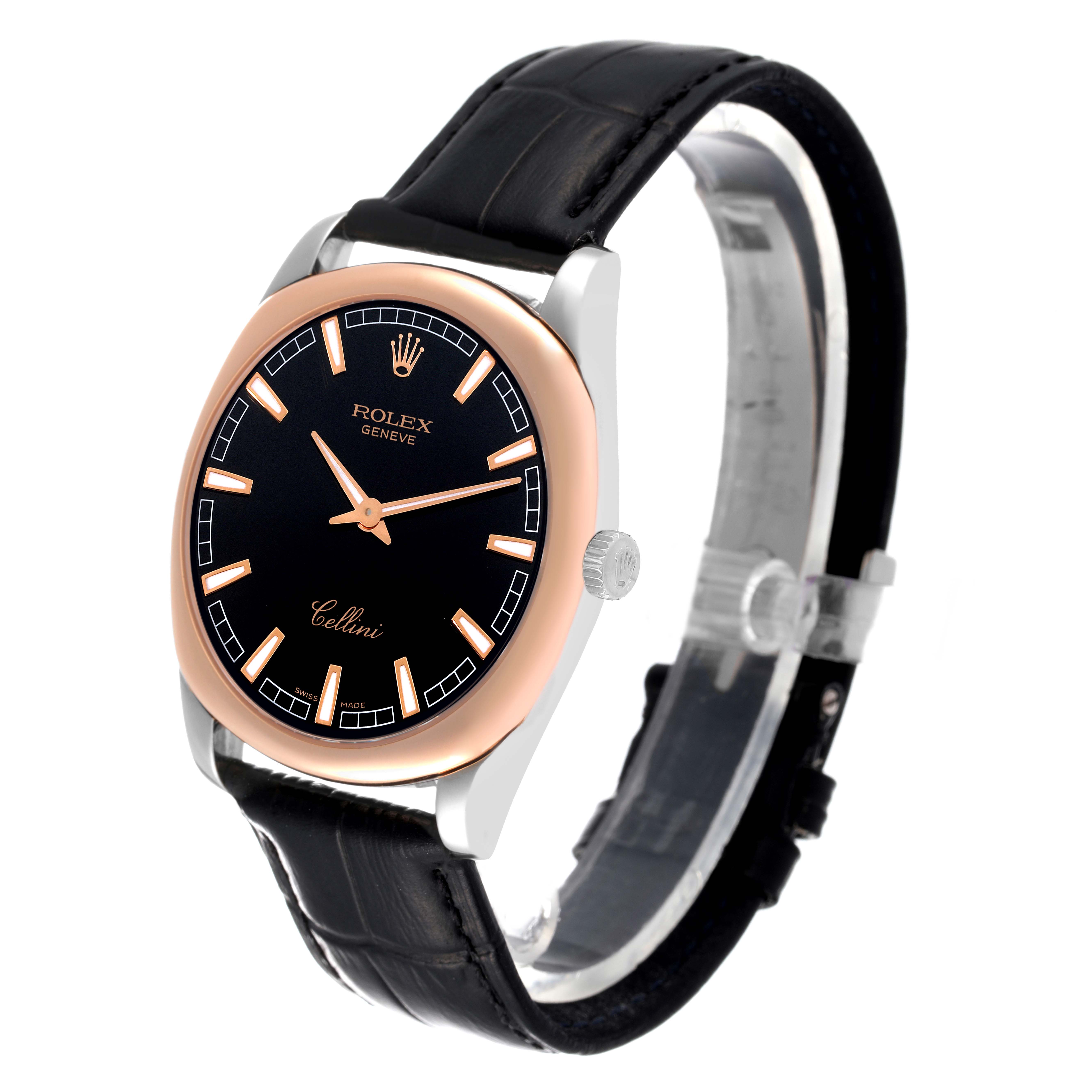 The Rolex Cellini 4243 Men's White Gold Black Dial 4243 Men's White Gold Black Dial watch is shown at a side angle, featuring its black leather strap, rose gold bezel, and black dial.