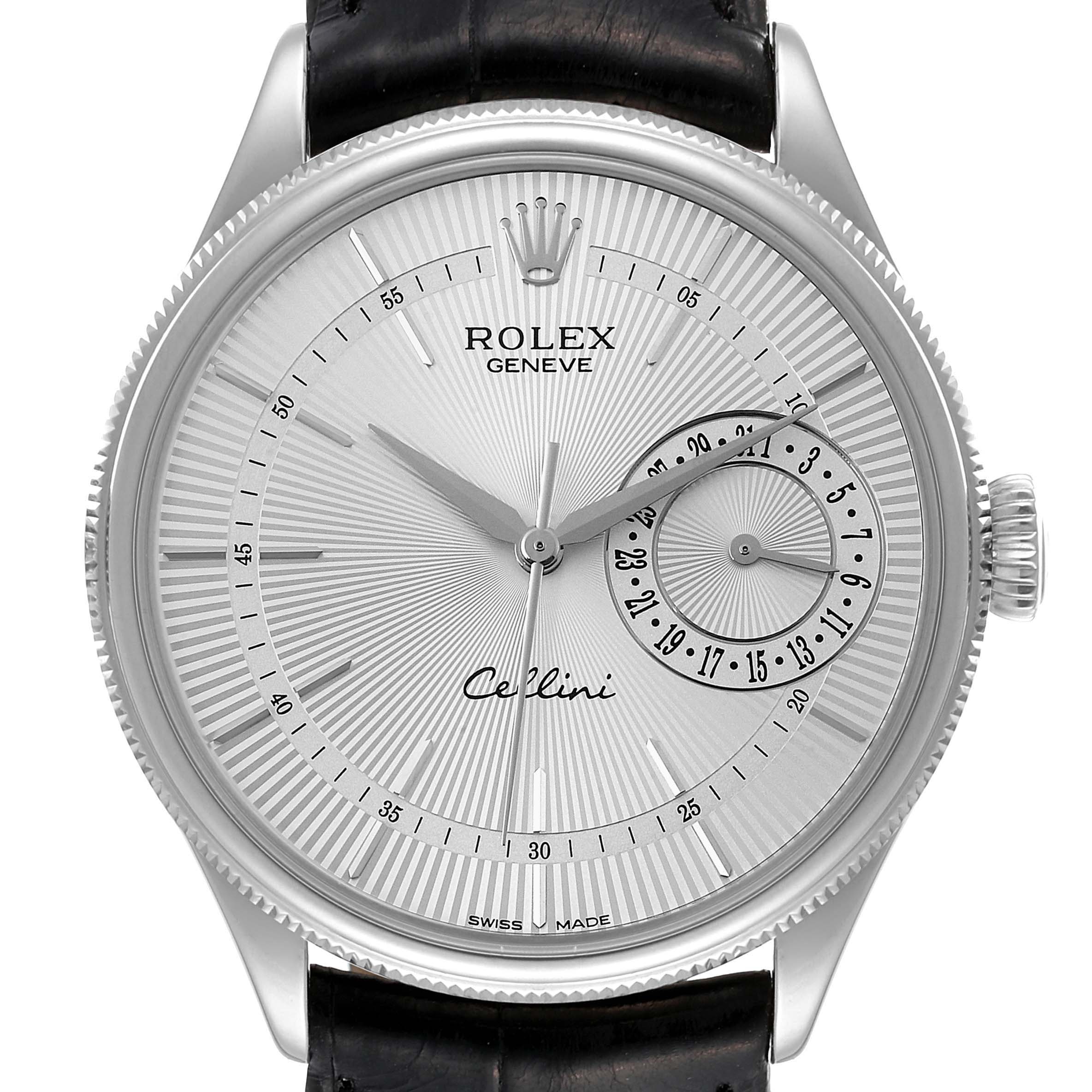 The image shows a close-up view of the face and bezel of the Rolex Cellini 50519 Men
s White Gold Silver Dial 50519 Men
s White Gold Silver Dial watch.