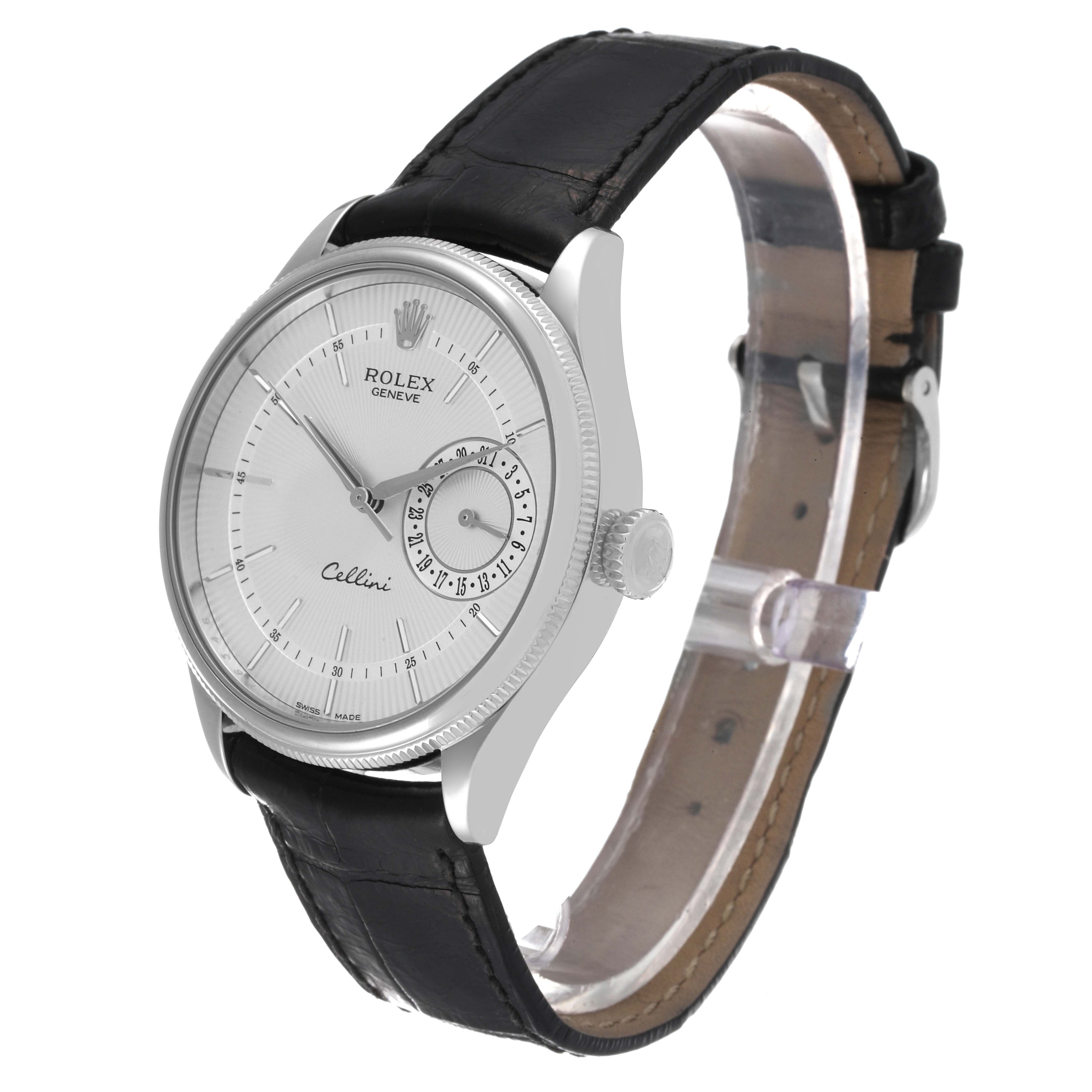 The image shows a Rolex Cellini 50519 Men
s White Gold Silver Dial 50519 Men
s White Gold Silver Dial watch at a three-quarter angle, displaying the face, bezel, crown, and black leather strap.