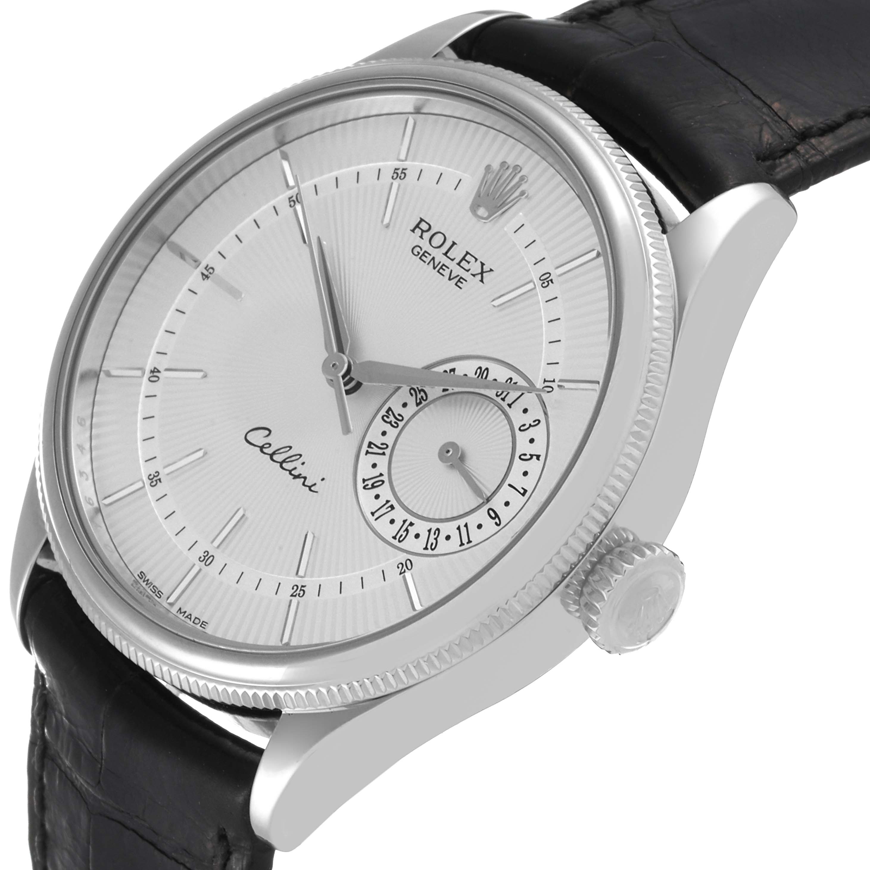 The image shows a side angle view of a Rolex Cellini 50519 Men
s White Gold Silver Dial 50519 Men
s White Gold Silver Dial watch, highlighting its dial, crown, and leather strap.
