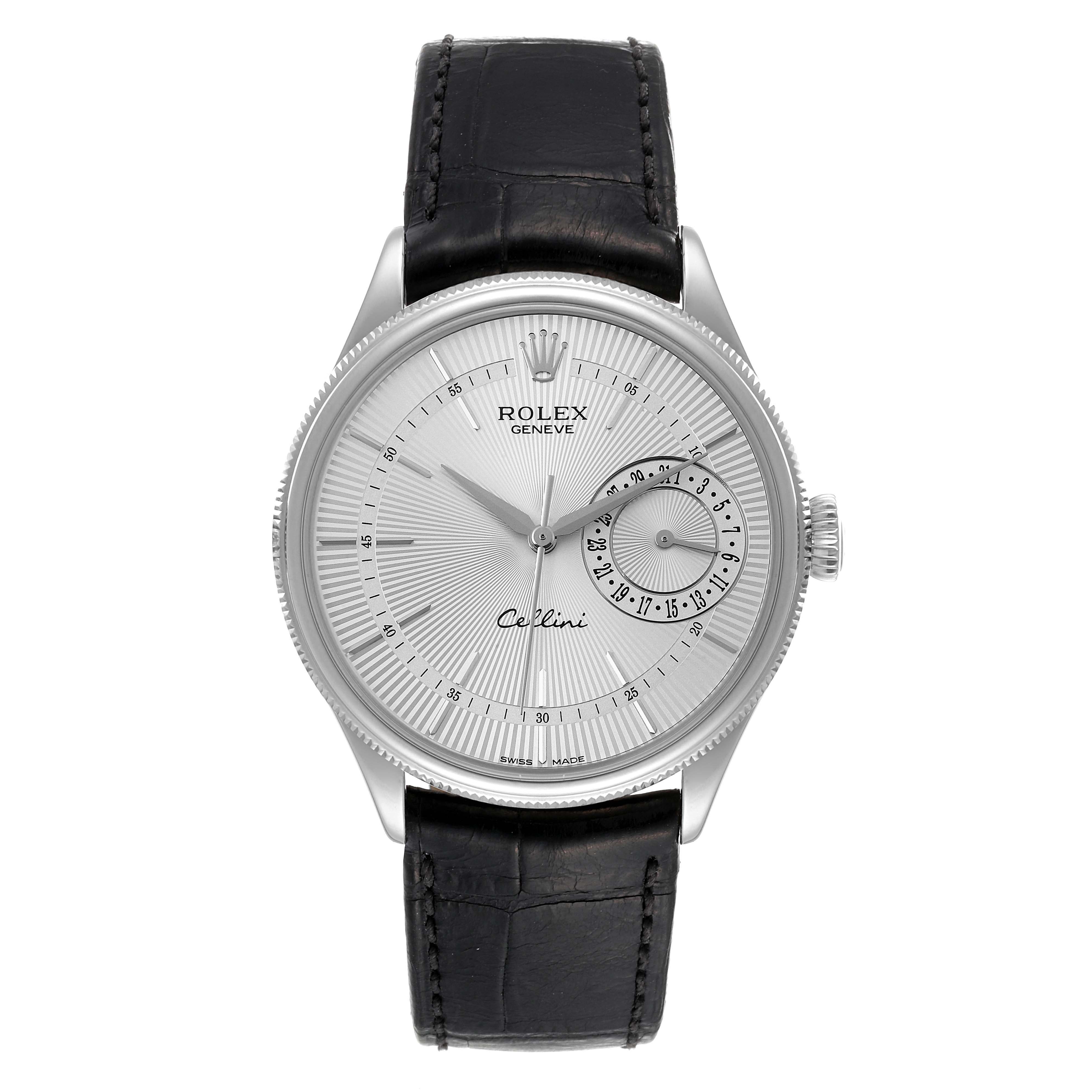 This image shows a Rolex Cellini 50519 Men
s White Gold Silver Dial 50519 Men
s White Gold Silver Dial watch from a front angle, displaying its face and black leather strap.