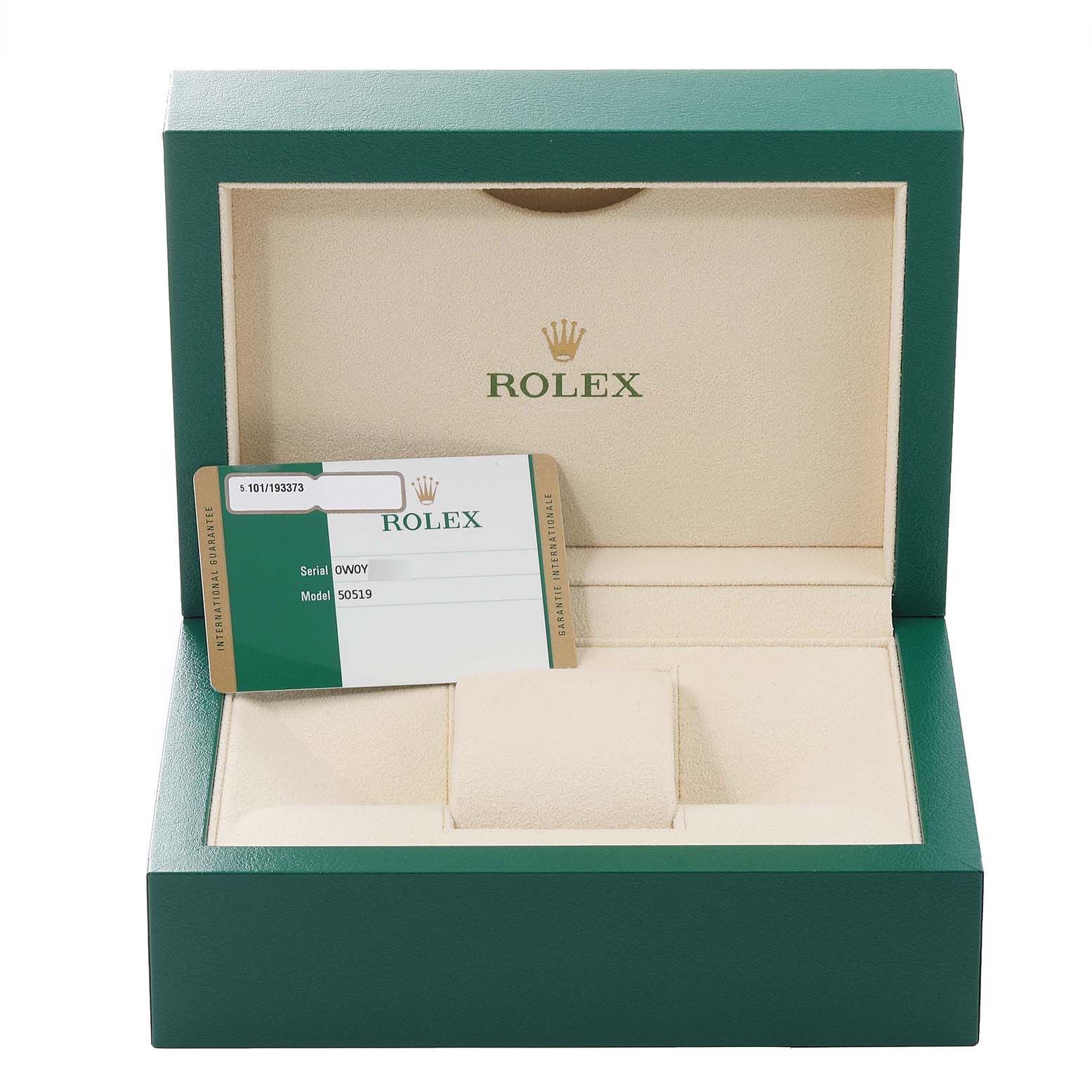 The image shows an open Rolex Cellini 50519 Men
s White Gold Silver Dial 50519 Men
s White Gold Silver Dial watch box with an identification card placed inside.