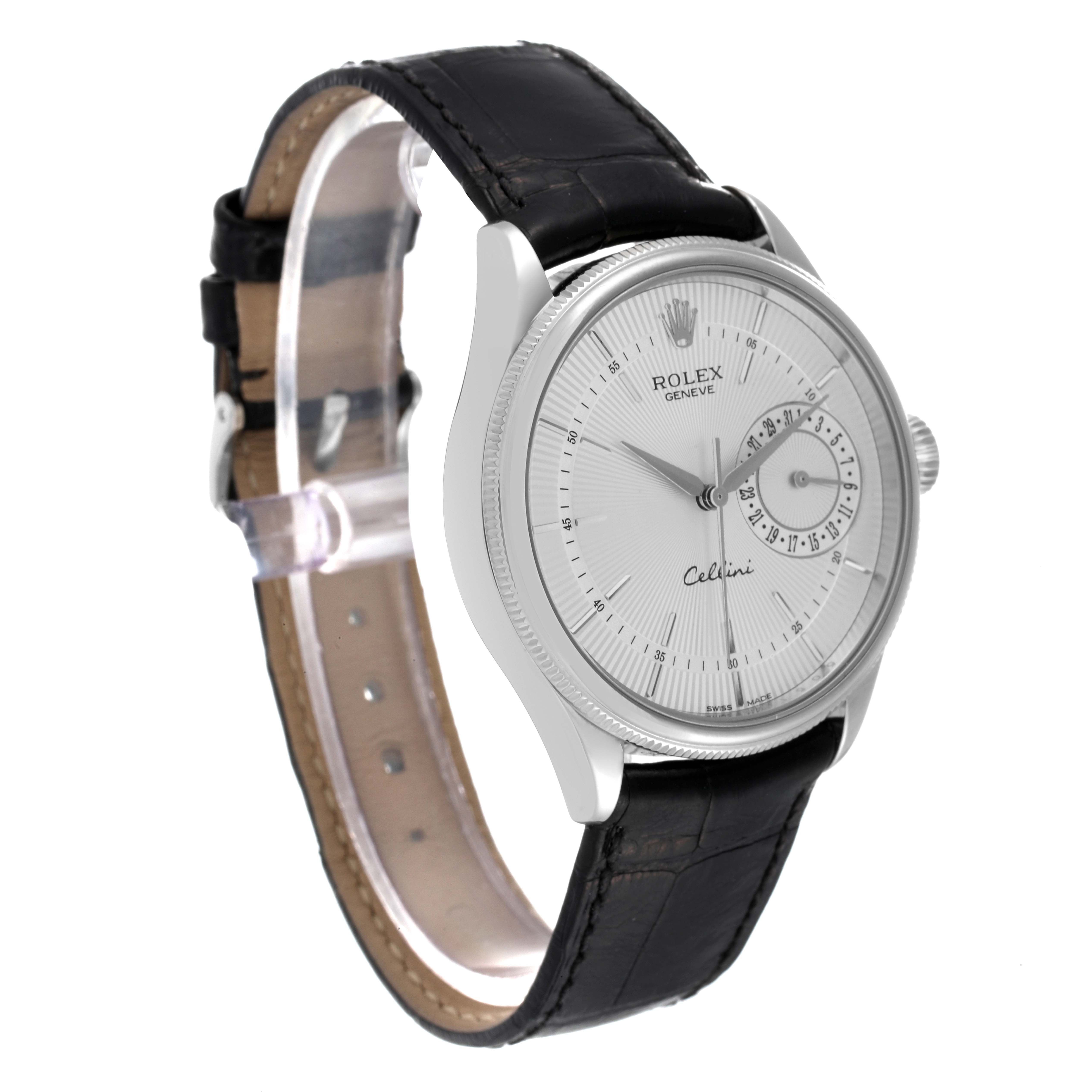 The Rolex Cellini 50519 Men
s White Gold Silver Dial 50519 Men
s White Gold Silver Dial watch is shown at a three-quarter angle, displaying its face, black leather strap, and crown.