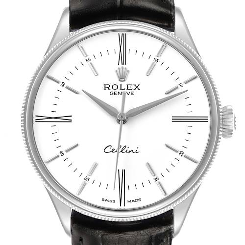 The Rolex Cellini 50509 Men's White Gold White Dial watch is shown in a front view, highlighting the dial, hands, and crown.