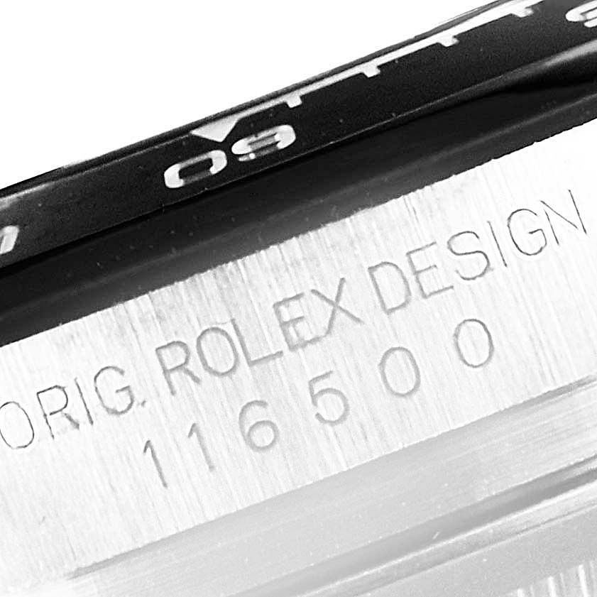 Close-up view of the model number and partial bezel of a Rolex Daytona 116500 Men's Stainless Steel Black Dial 116500 Men's Stainless Steel Black Dial watch.