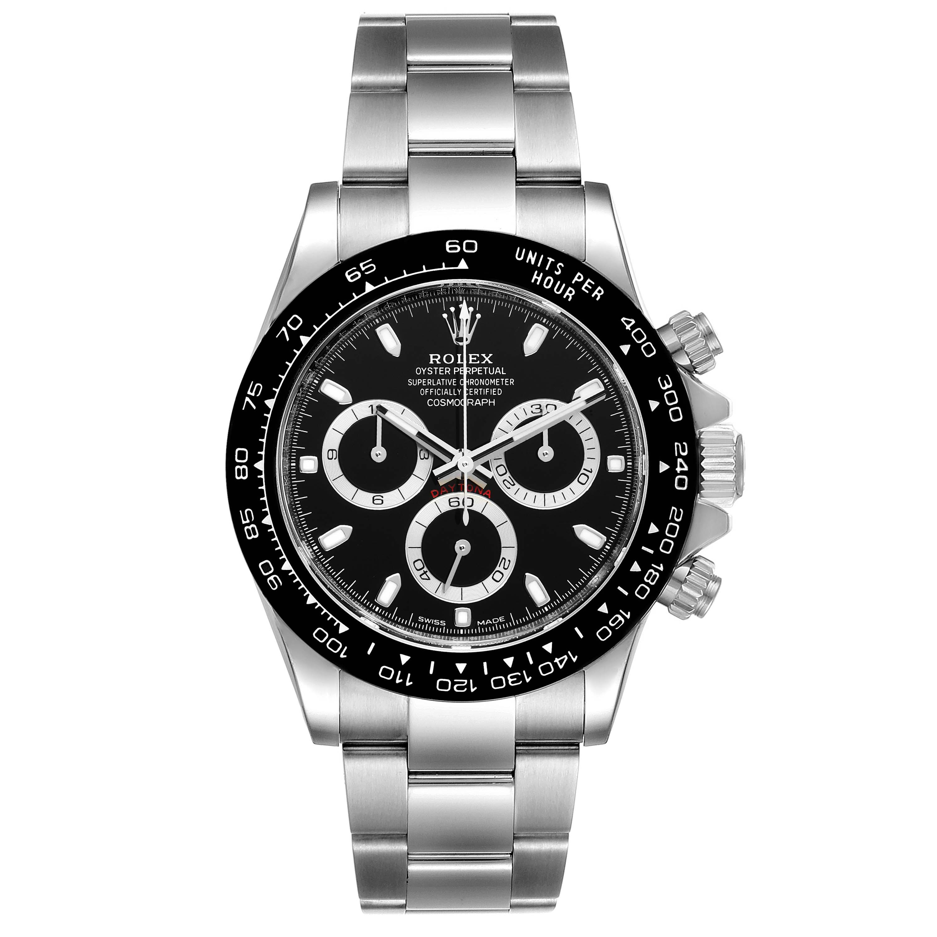 This image shows a Rolex Daytona 116500 Men's Stainless Steel Black Dial 116500 Men's Stainless Steel Black Dial watch from a front angle, highlighting its black dial, chronograph subdials, and stainless steel bracelet.