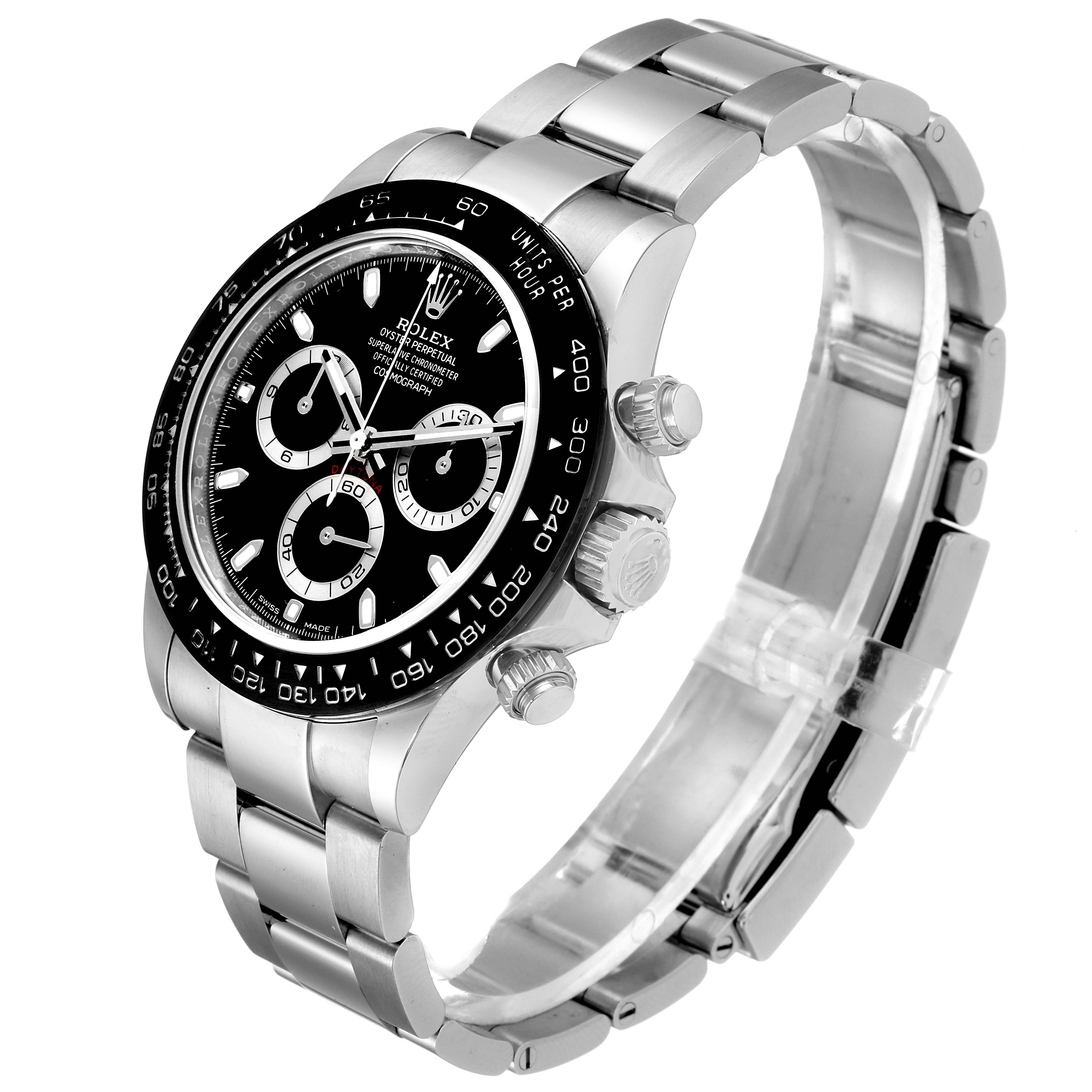 The Rolex Daytona 116500 Men's Stainless Steel Black Dial 116500 Men's Stainless Steel Black Dial watch is shown at an angled view highlighting its dial, bezel, pushers, and bracelet.