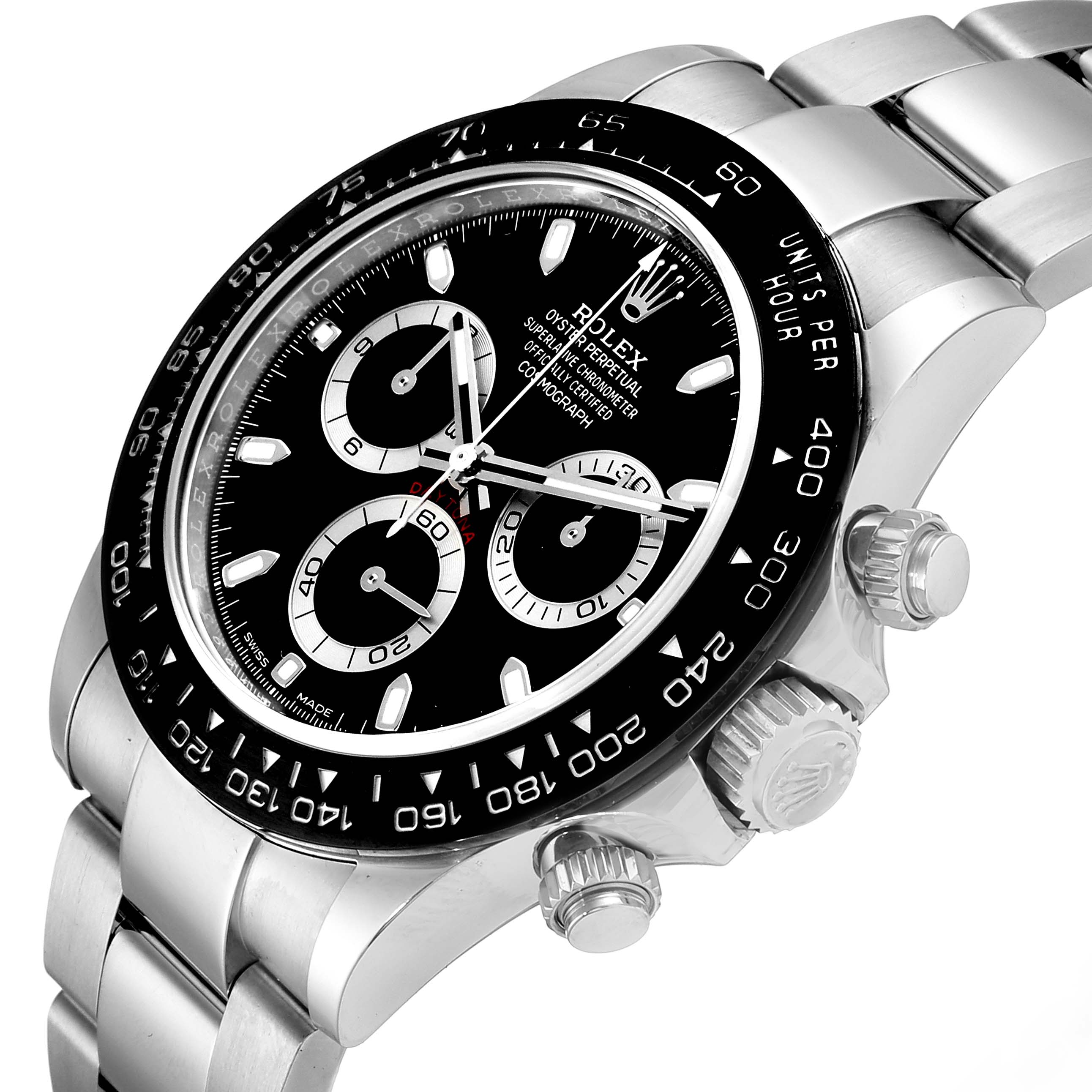 This is a close-up angled view of the Rolex Daytona 116500 Men's Stainless Steel Black Dial 116500 Men's Stainless Steel Black Dial watch, highlighting the black dial, bezel, and band.