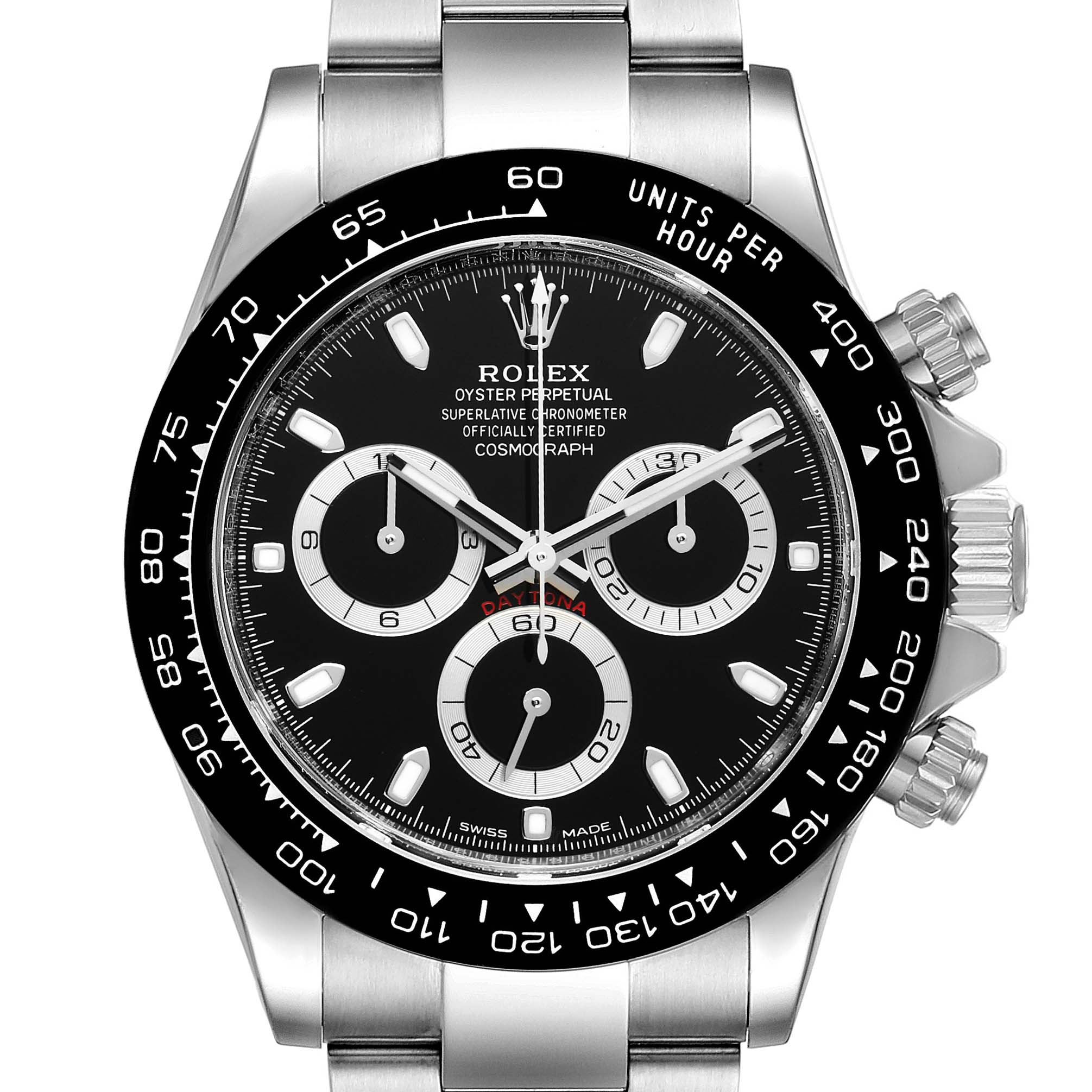 This image shows a front view of the Rolex Daytona 116500 Men's Stainless Steel Black Dial 116500 Men's Stainless Steel Black Dial watch, including its black dial and bezel, subdials, and crown.