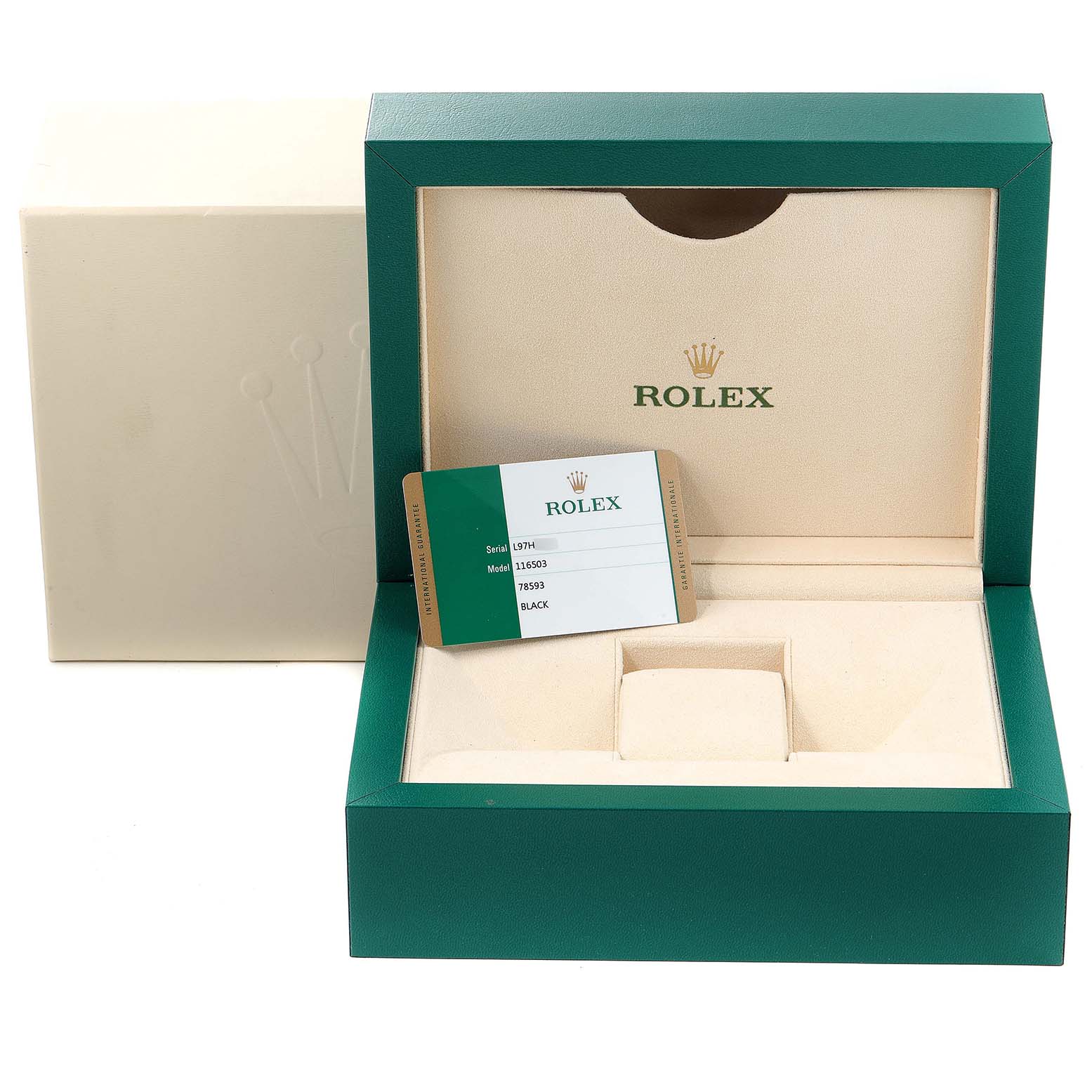 The image shows a green and beige Rolex watch box for the Daytona model, with a certification card displayed inside.