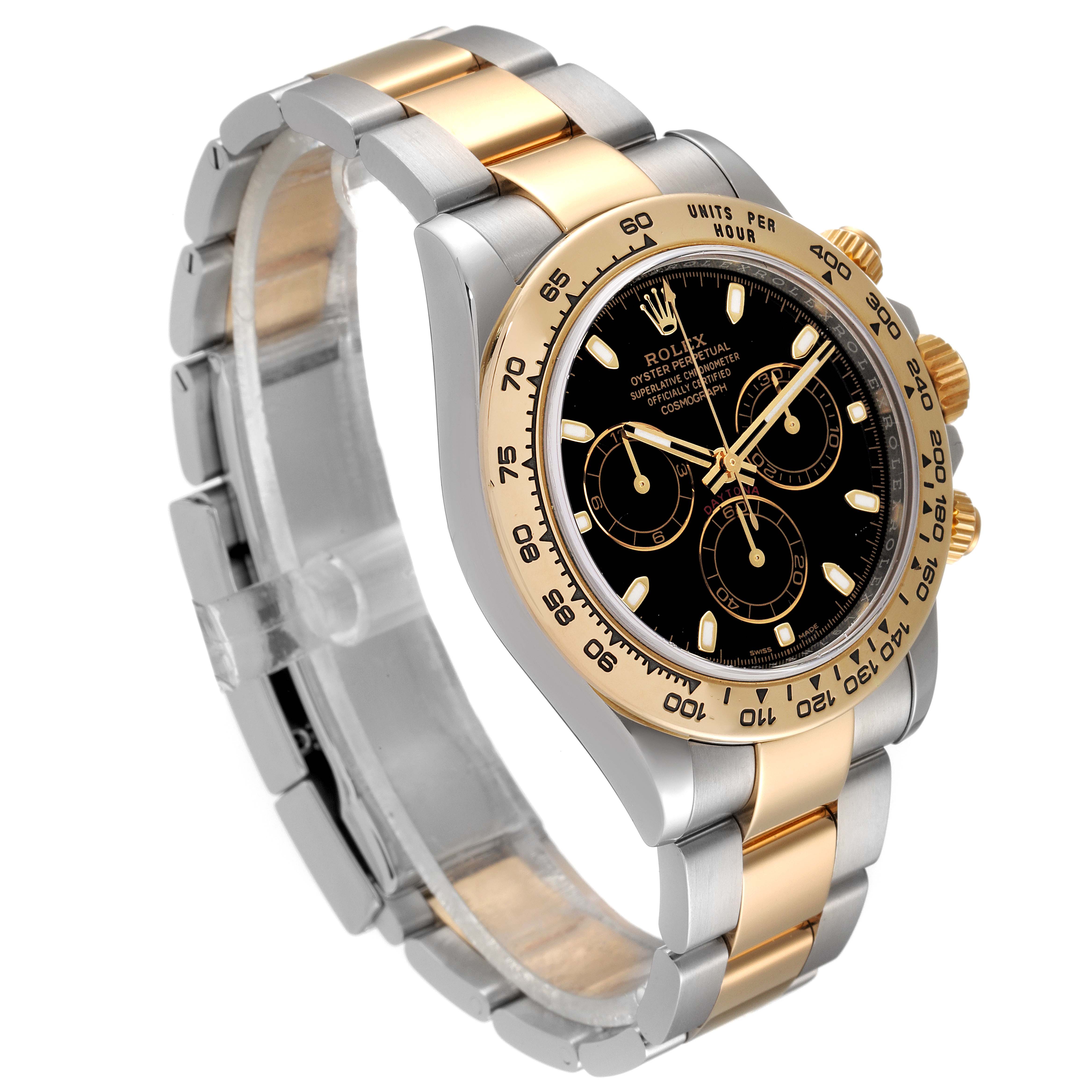This image shows a Rolex Daytona 116503 Men's Steel and Gold (two tone) Black Dial 116503 Men's Steel and Gold (two tone) Black Dial watch angled to display the dial, bezel, bracelet, and part of the crown.