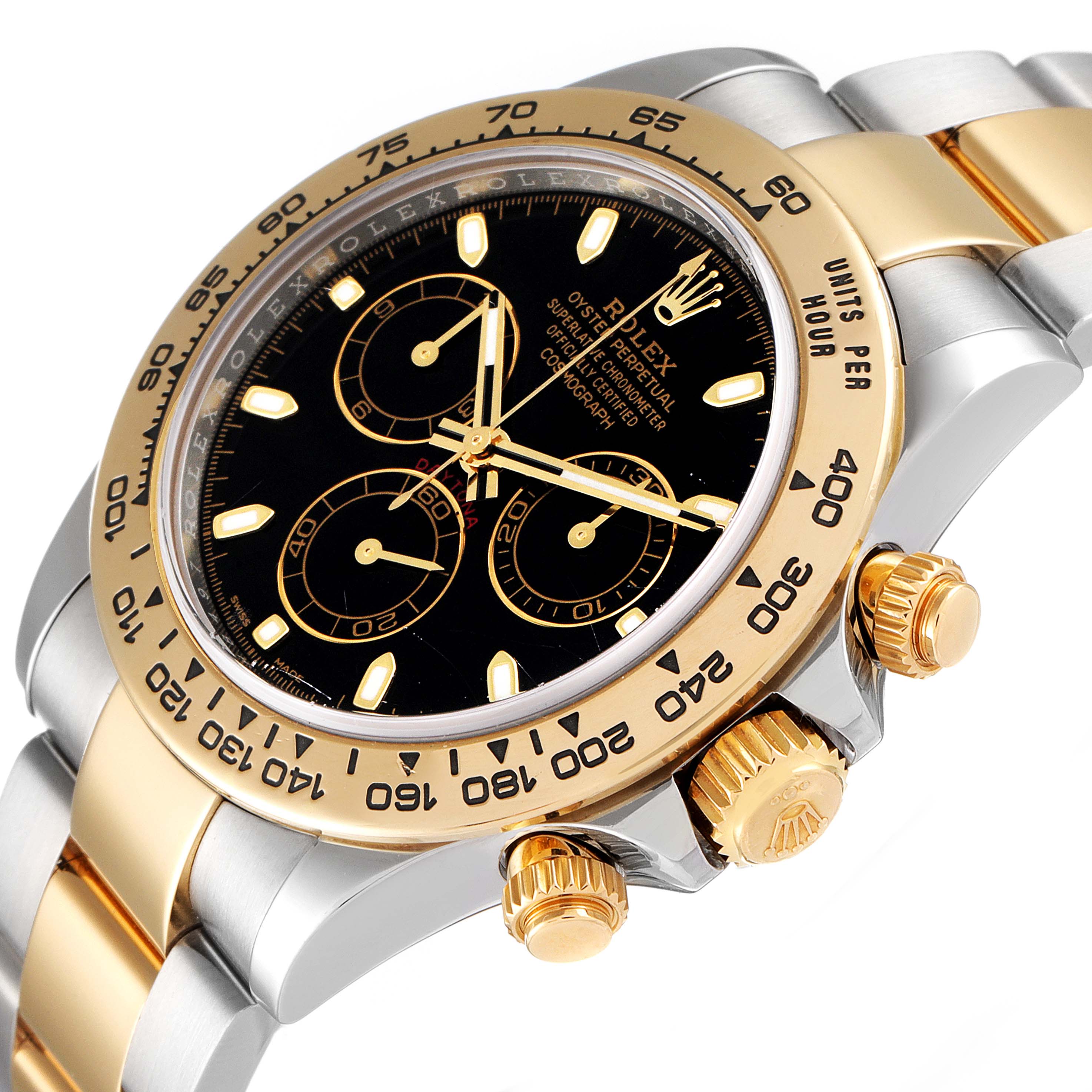 This image shows a close-up, angled view of the Rolex Daytona 116503 Men's Steel and Gold (two tone) Black Dial 116503 Men's Steel and Gold (two tone) Black Dial watch highlighting its dial, bezel, crown, and bracelet.