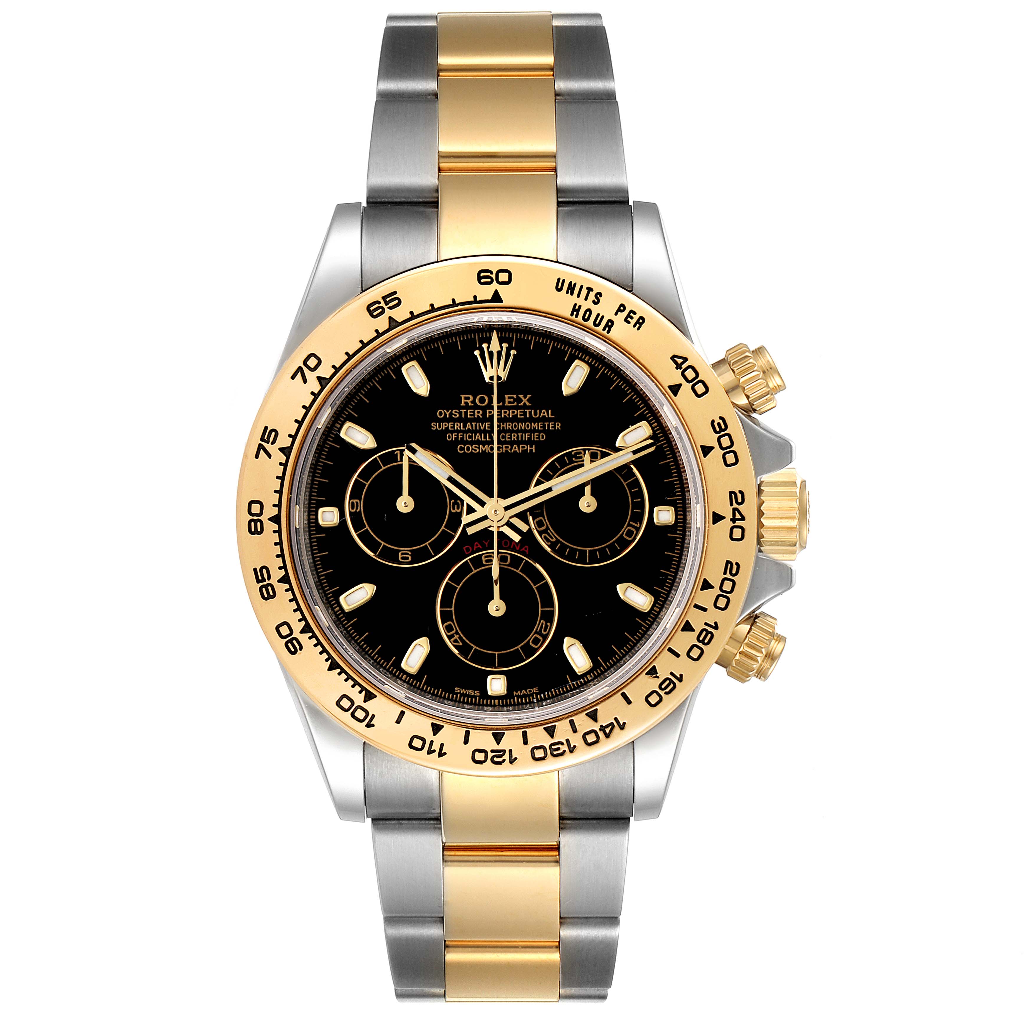 The image shows a front view of a Rolex Daytona 116503 Men's Steel and Gold (two tone) Black Dial 116503 Men's Steel and Gold (two tone) Black Dial watch, featuring a black dial, gold bezel, and two-tone metal bracelet.