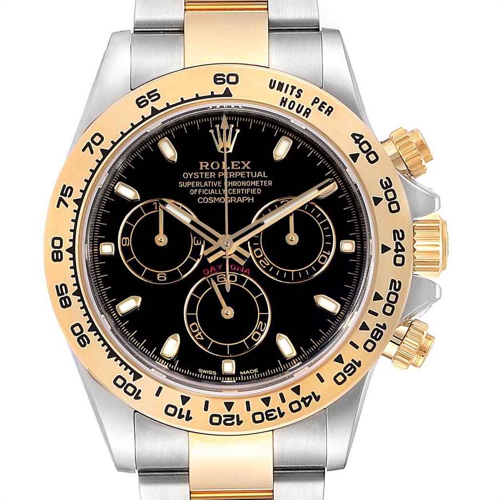 The image shows a Rolex Daytona 116503 Men's Steel and Gold (two tone) Black Dial 116503 Men's Steel and Gold (two tone) Black Dial watch from a front view, highlighting its dial, bezel, and bracelet.