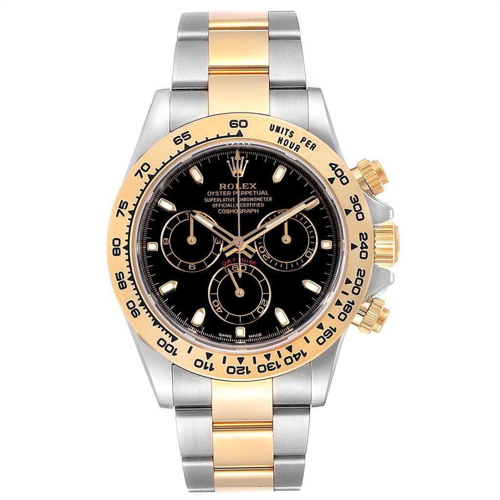 The image shows a front view of a Rolex Daytona 116503 Men's Steel and Gold (two tone) Black Dial 116503 Men's Steel and Gold (two tone) Black Dial watch, displaying its dial, bezel, and bracelet.