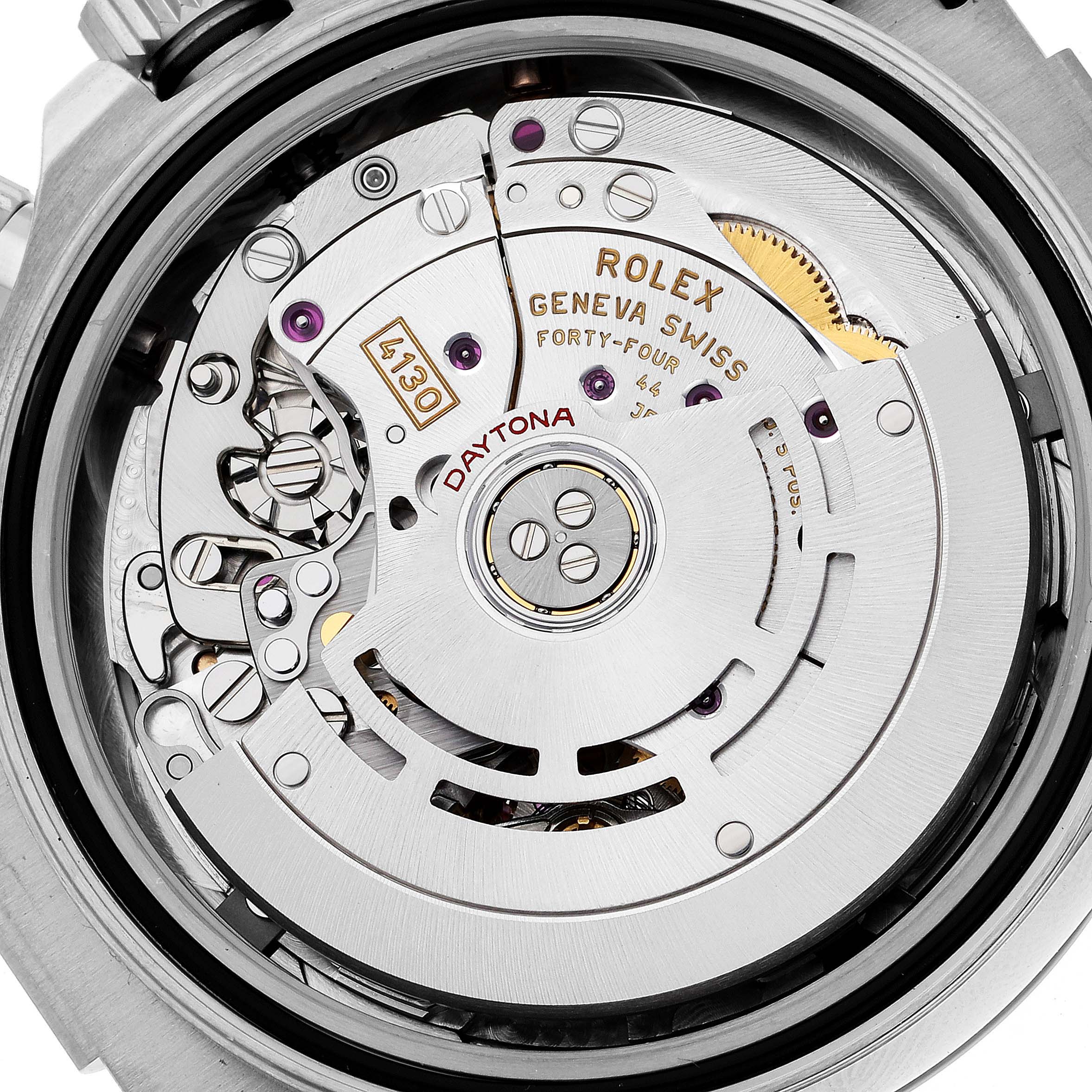 The image shows the intricate movement and internal mechanics of a Rolex Daytona 116519LN Men's White Gold Mother of Pearl Dial 116519LN Men's White Gold Mother of Pearl Dial watch from a close-up angle.