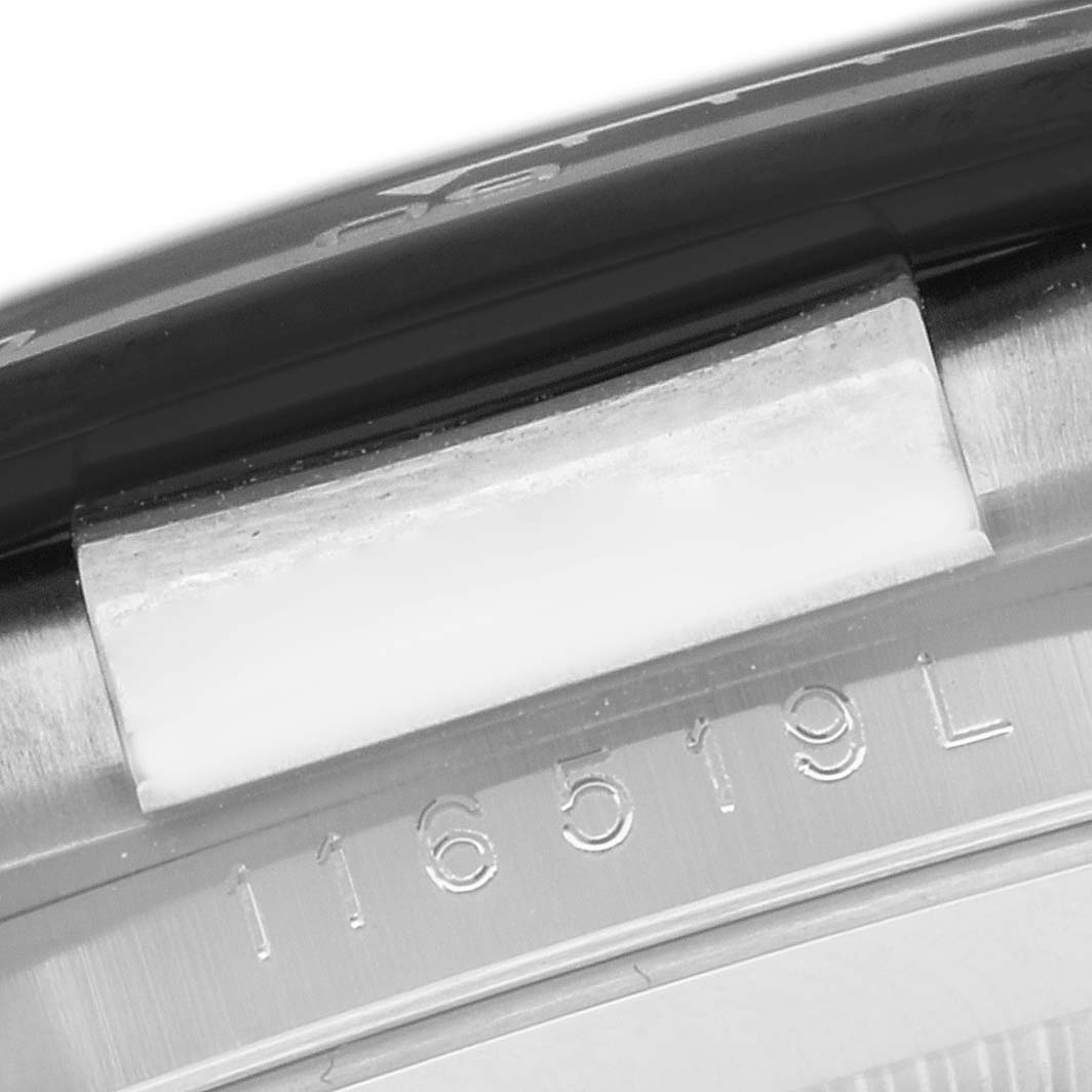 The image shows a close-up of the serial number area on the back case of a Rolex Daytona 116519LN Men's White Gold Mother of Pearl Dial 116519LN Men's White Gold Mother of Pearl Dial watch.