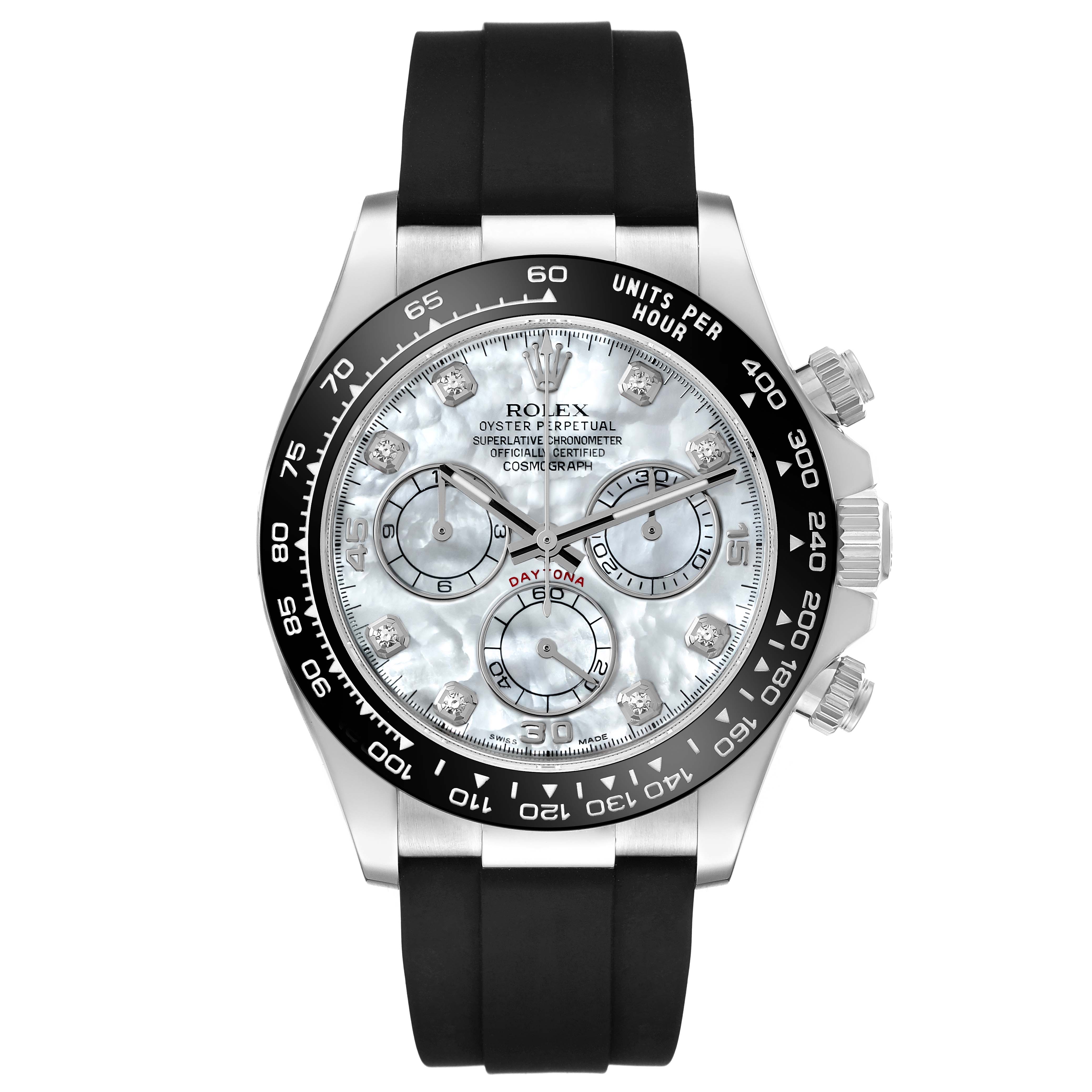 This image shows a front view of a Rolex Daytona 116519LN Men's White Gold Mother of Pearl Dial 116519LN Men's White Gold Mother of Pearl Dial watch with a black bezel and rubber strap.
