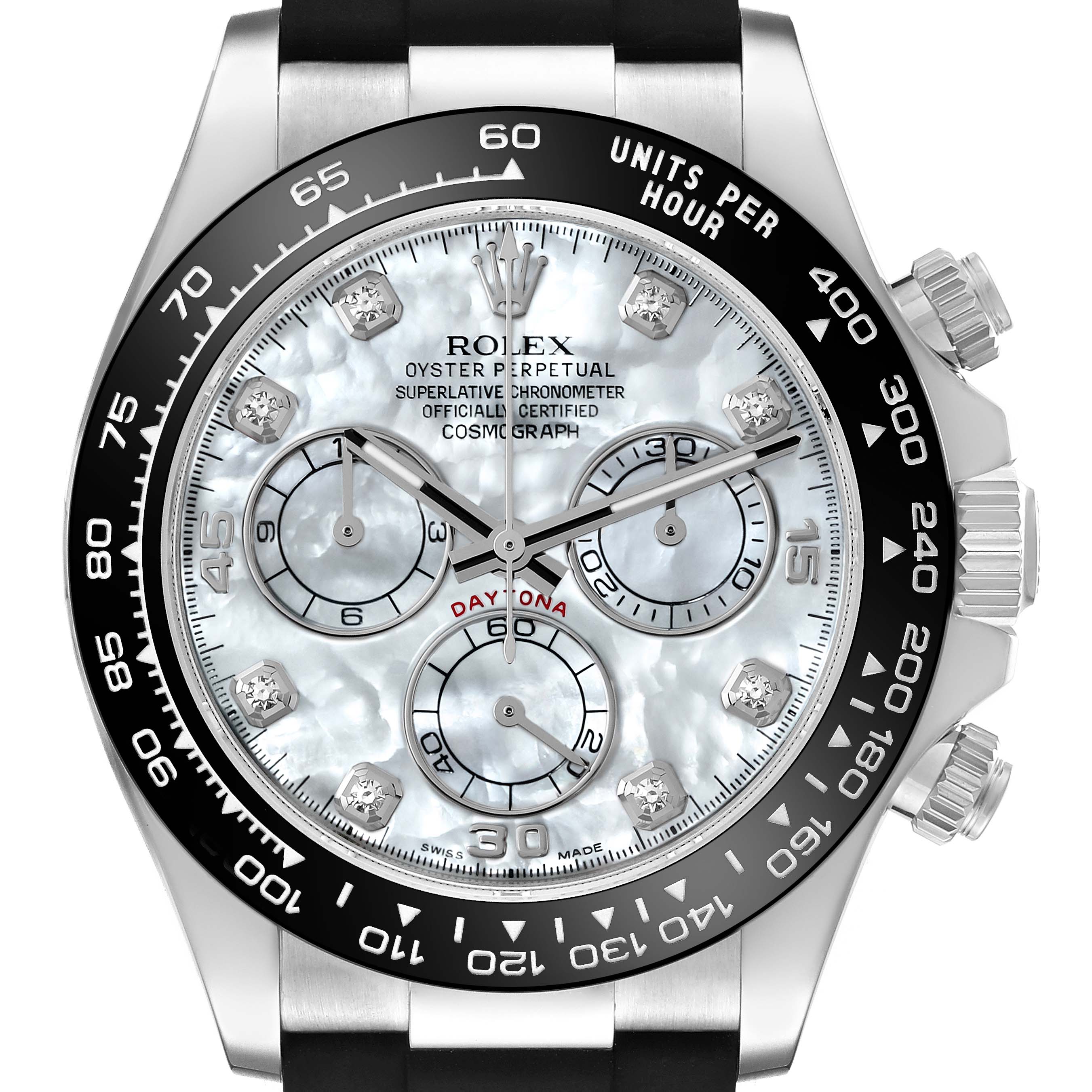 The image shows a frontal view of the dial and bezel of a Rolex Daytona 116519LN Men's White Gold Mother of Pearl Dial 116519LN Men's White Gold Mother of Pearl Dial watch.