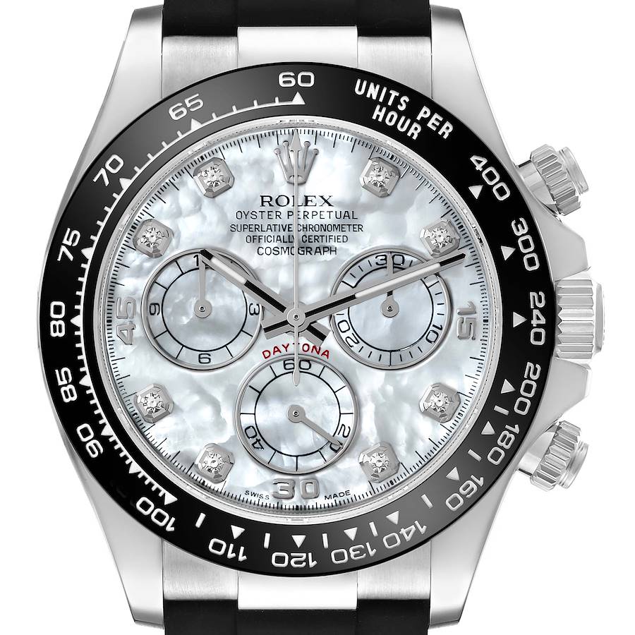 Rolex Cosmograph Daytona White Gold Mother of Pearl Diamond Dial Mens Watch 116519 Box Card SwissWatchExpo