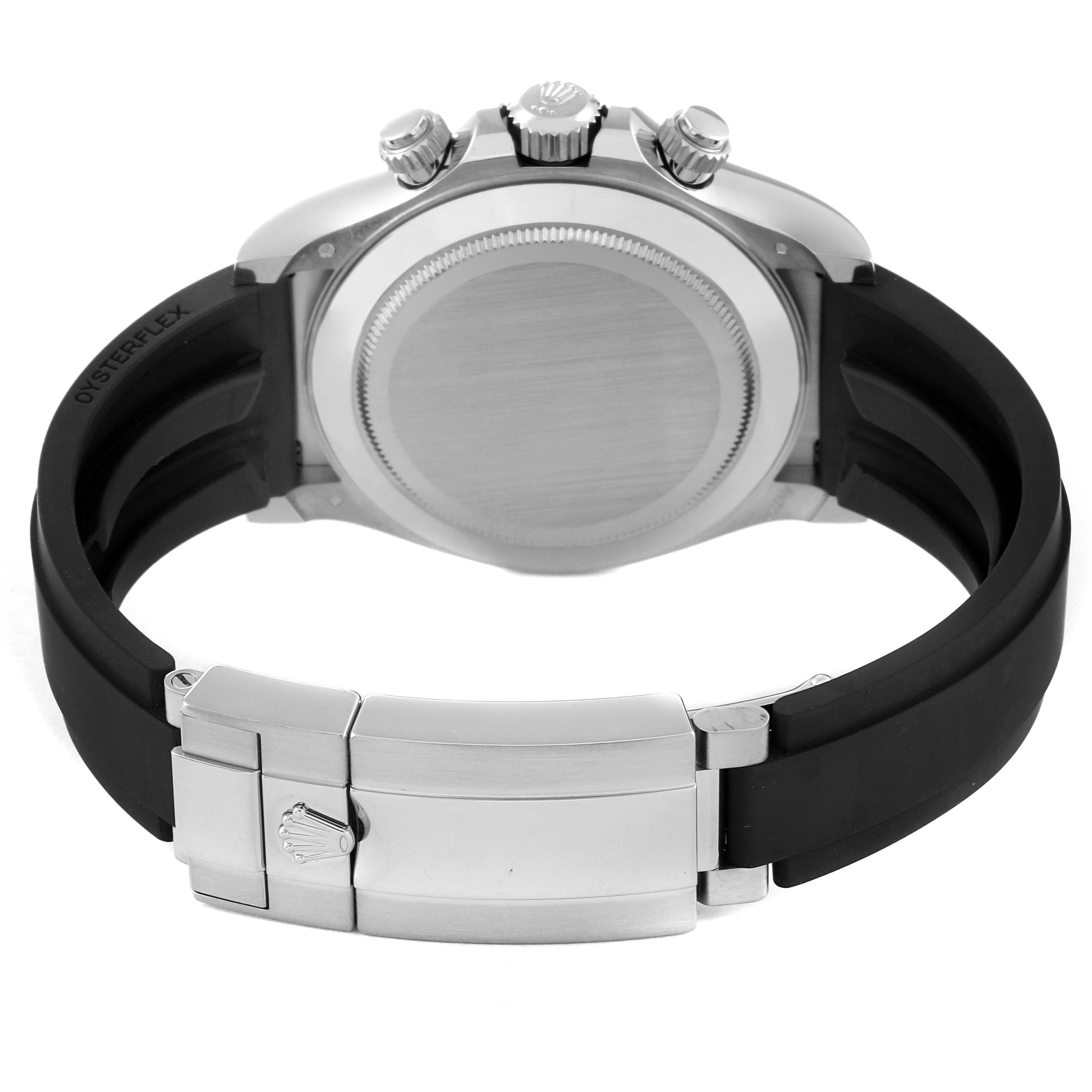 This image shows the back view of a Rolex Daytona 116519LN Men's White Gold Mother of Pearl Dial 116519LN Men's White Gold Mother of Pearl Dial watch, including its clasp and rubber strap.