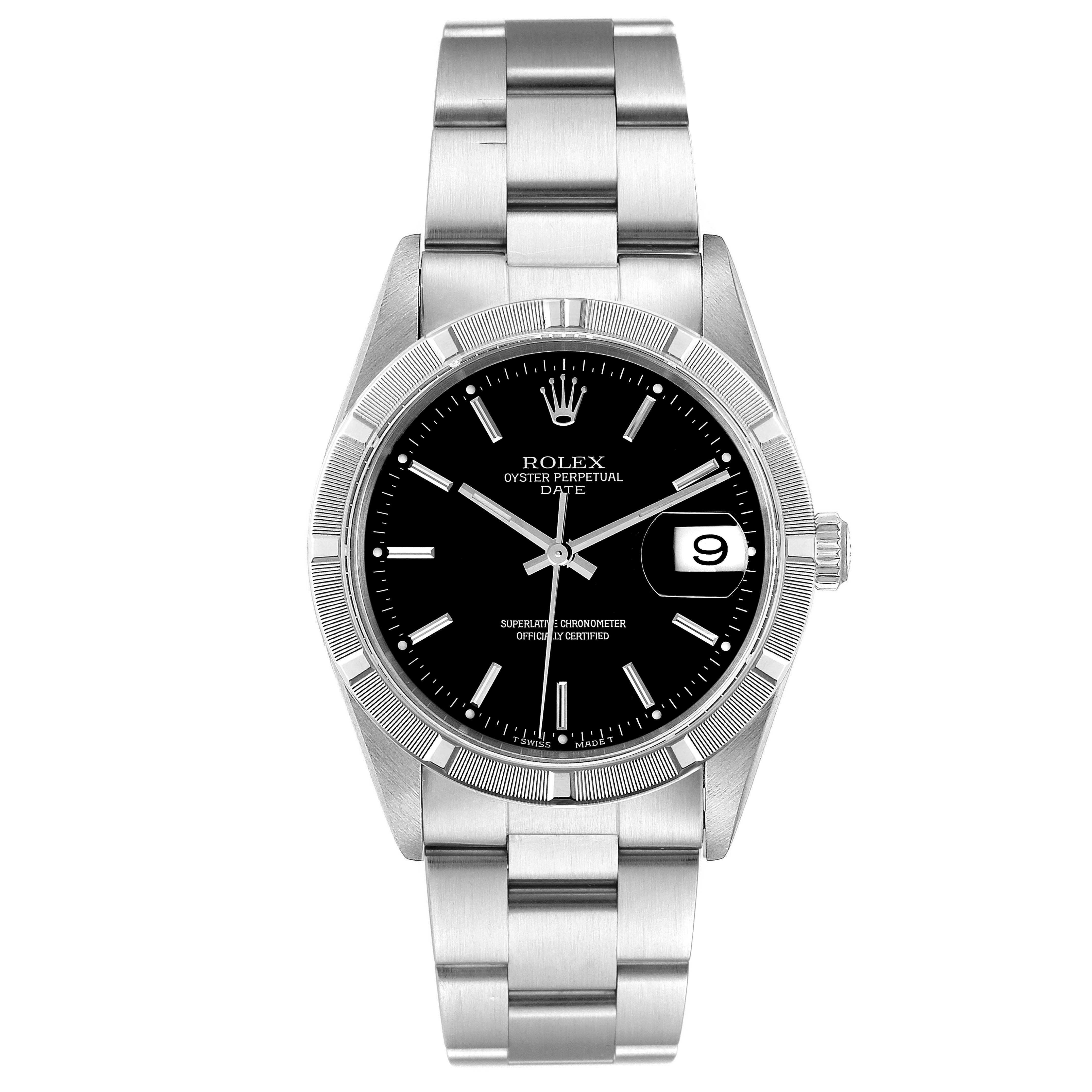 The image shows a frontal view of a Rolex Date 15210 Men's Stainless Steel Black Dial 15210 Men's Stainless Steel Black Dial model watch, displaying the black dial, date window, and stainless steel bracelet.