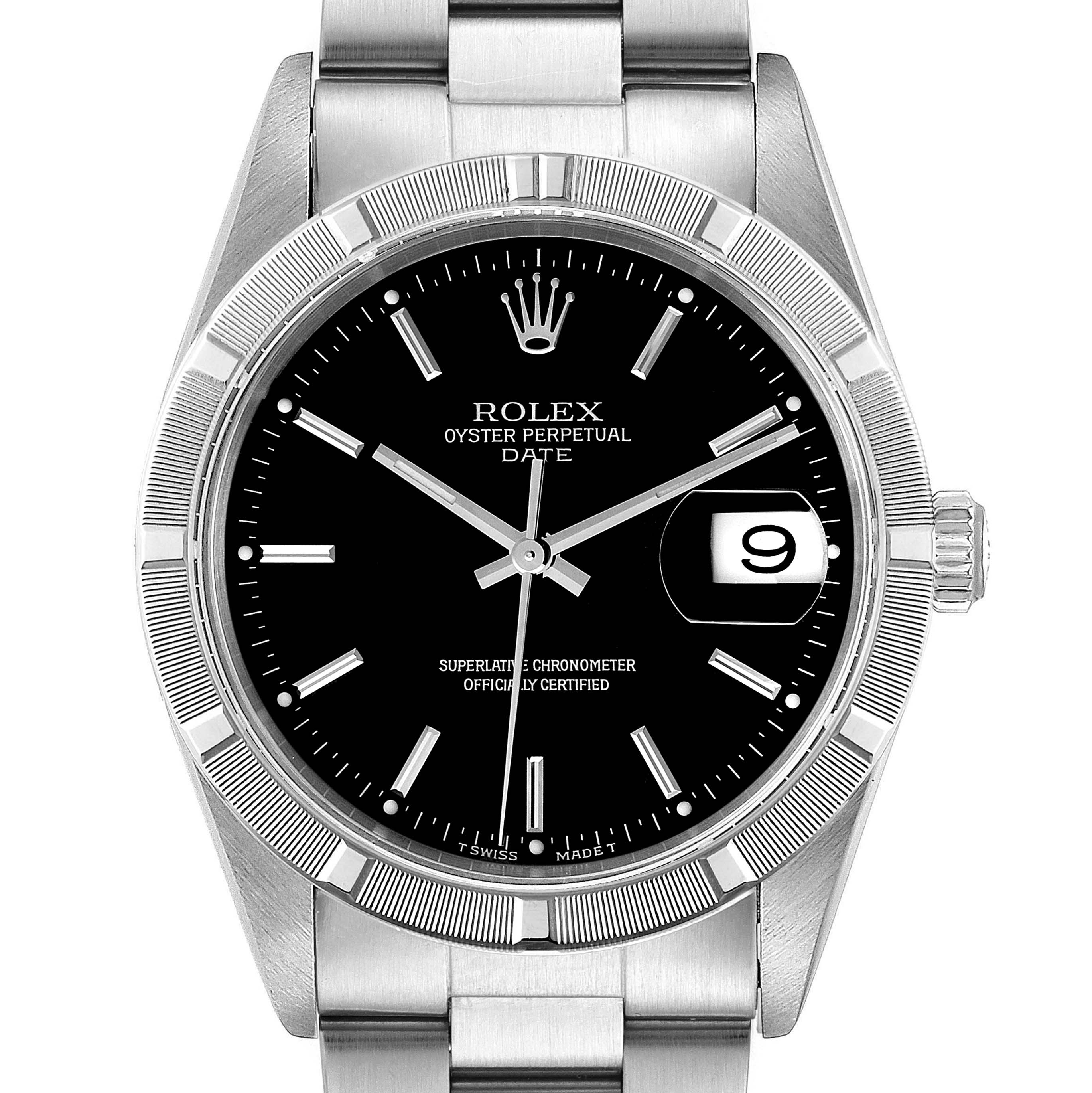 This image shows a frontal view of a Rolex Date 15210 Men's Stainless Steel Black Dial 15210 Men's Stainless Steel Black Dial model watch featuring a black dial, fluted bezel, and stainless steel bracelet.